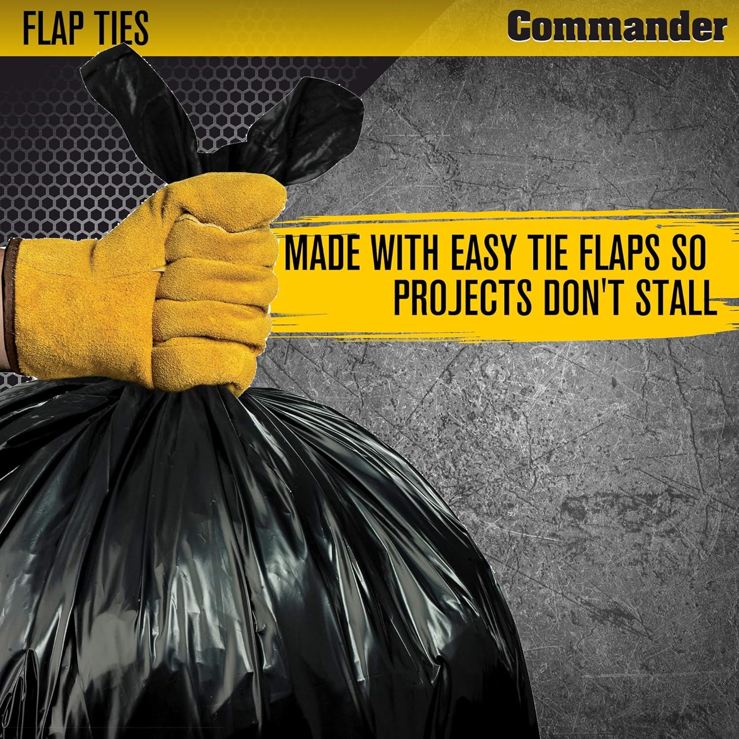 Commander 55 Gallon 3 MIL (eq) Heavy Duty Contractor Bags with Flap Ties - 36" x 56" with flaps - Pack of 10 - For Contractor, Industrial, & Outdoor