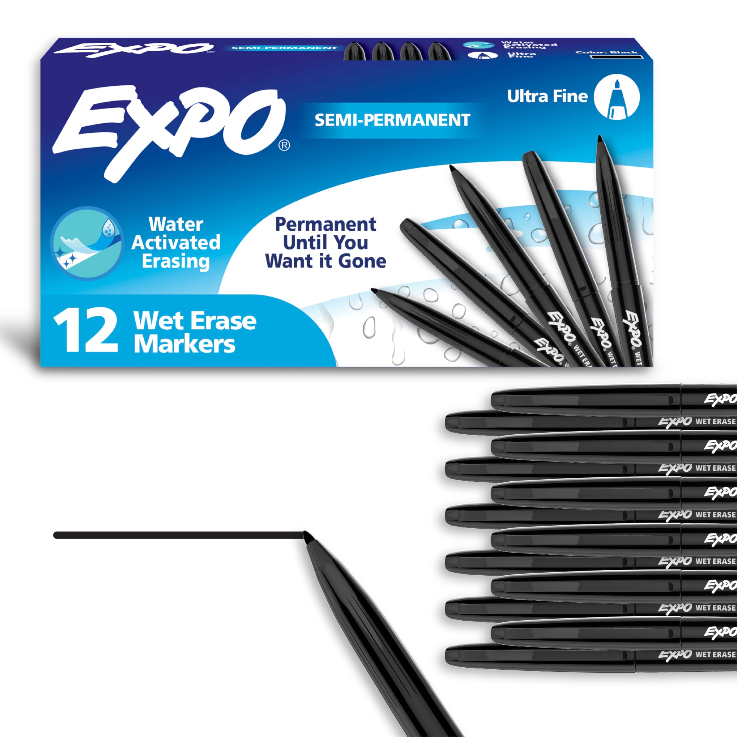 EXPO Wet Erase Markers, Semi-Permanent Markers, Black, Ultra Fine Tip, 12 Count