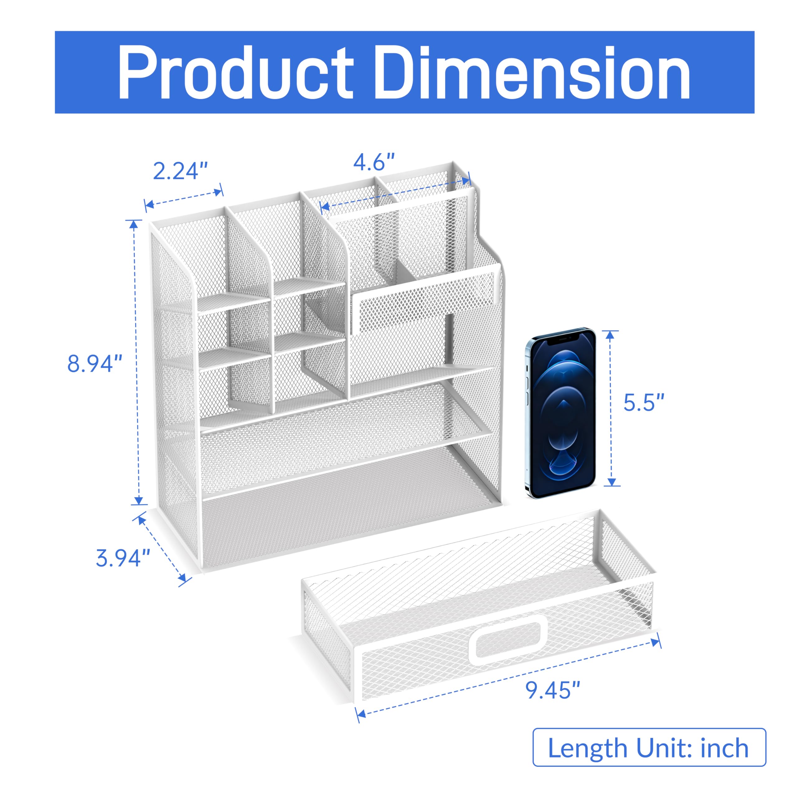 Mesh Pen Holder Desk Organizer, Multi-Function Pen Organizer with Drawer, Cute Desk Organizers and Accessories for Office Supplies White