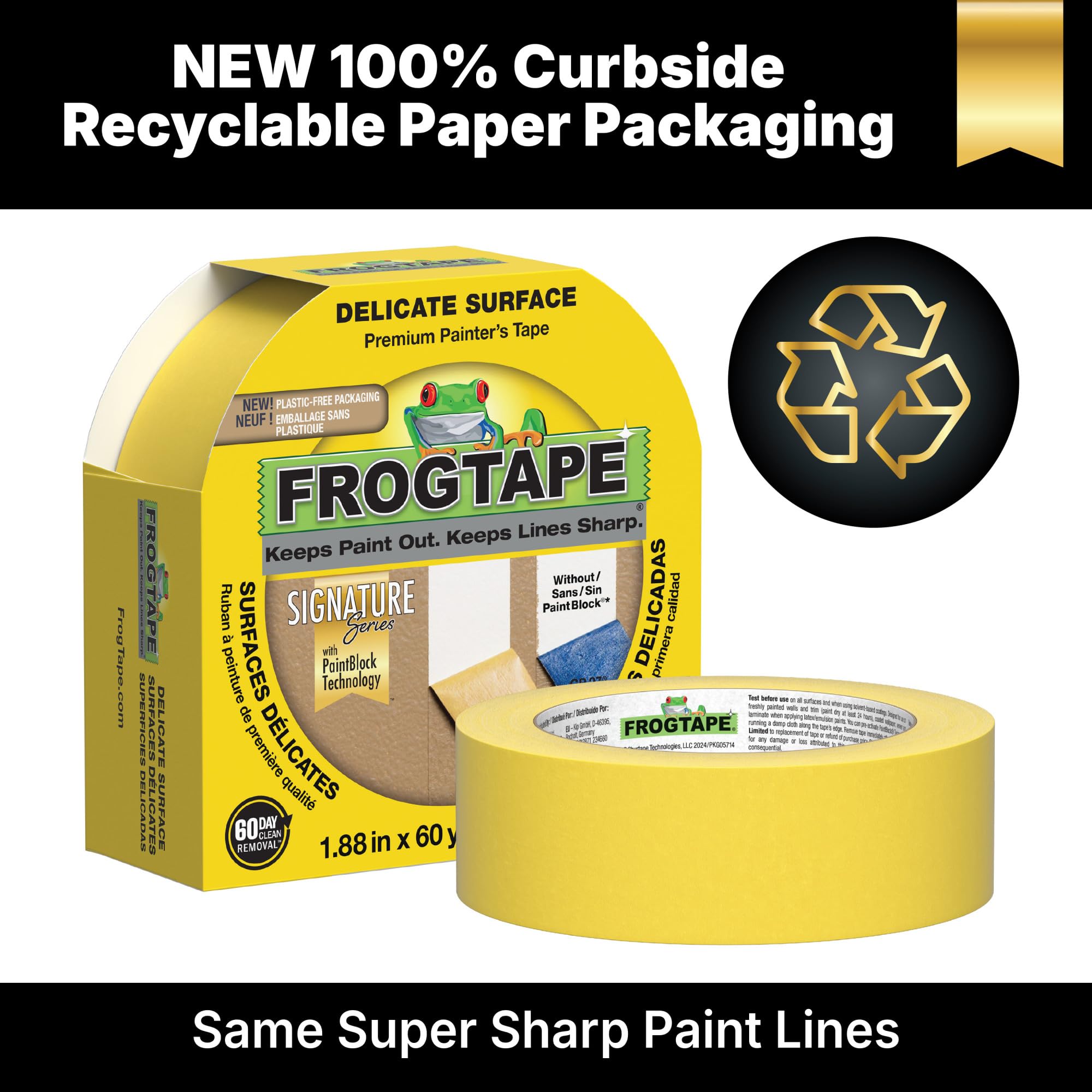 FrogTape 280222 Delicate Surface Painting Tape, Yellow, 1.88-Inch x 60-Yard Roll