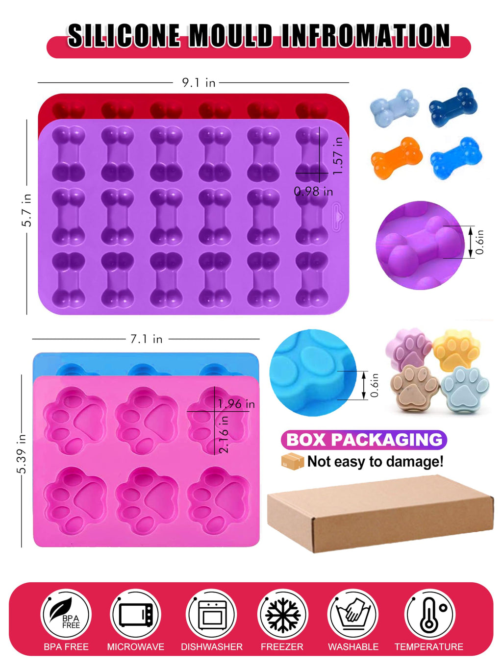 RUGVOMWM Homemade Silicone Dog Treat Molds - Dog Treat Cookie Cutters - Dog Treat CRecipes, Food Grade Silicone Molds for Candy and Dog Ice Cubs - Set of 15, Purple