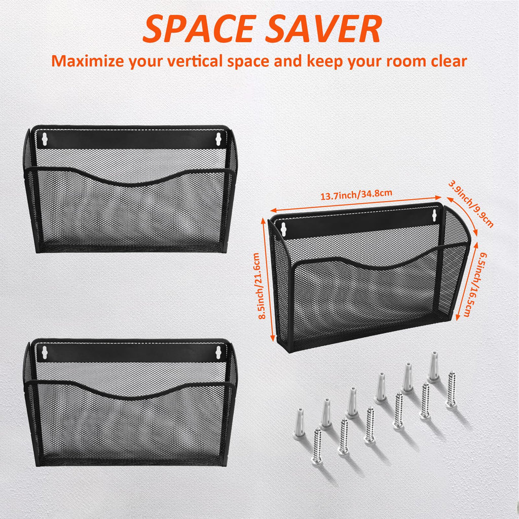 Wall Mount File Holder (3 Pack), AGPtek Wall File Holder, Hanging Wall File Organizer, Pocket Mesh Metal File Holder Organizer for papers, files and Home (Black)