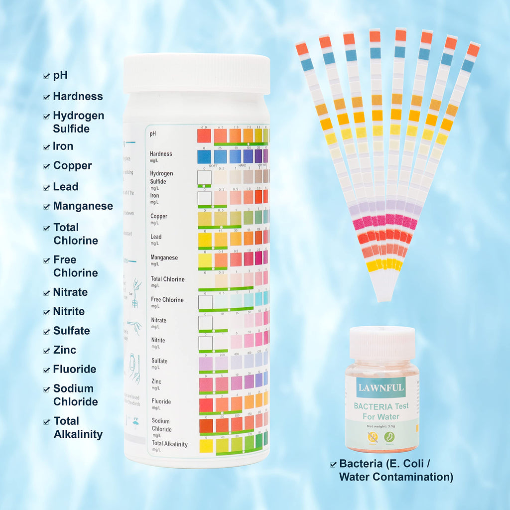 Drinking Water Test Kit, LAWNFUL 17 in 1 Tap & Well Water Test Kit,100 Water Strips+ 2 Bacteria Tests, High Precision Home Water Test Kit Detect Bacteria, pH, Copper, Lead, Iron, Hardness and More