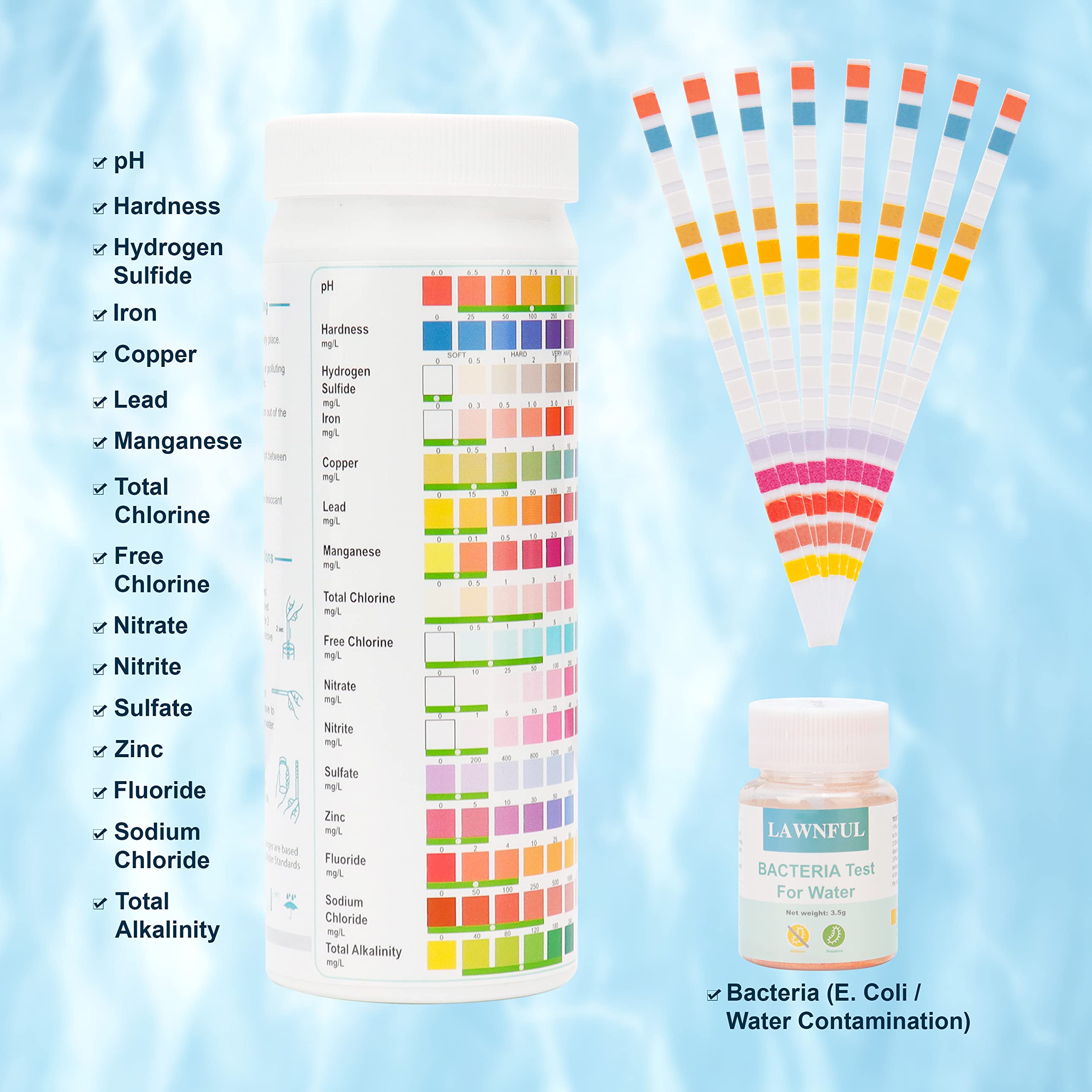 Drinking Water Test Kit, LAWNFUL 17 in 1 Tap & Well Water Test Kit,100 Water Strips+ 2 Bacteria Tests, High Precision Home Water Test Kit Detect Bacteria, pH, Copper, Lead, Iron, Hardness and More