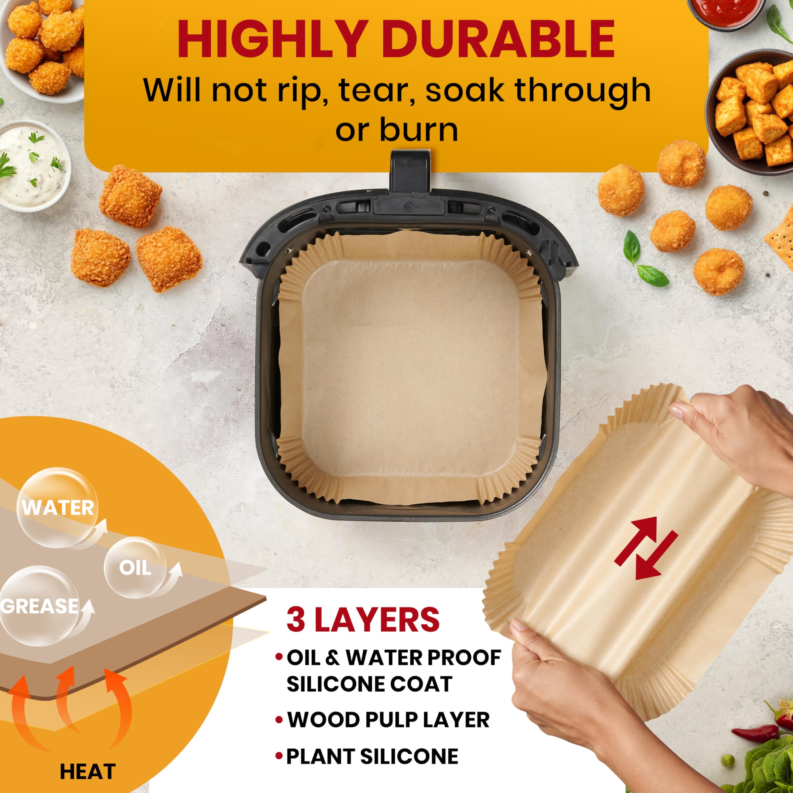 Air Fryer Liners, 125Pcs Disposable Parchment Paper Liners – Non-Stick and Oil Proof for Easy Cleanup – 8” Square for 5-8 qt Basket by Baker's Signature