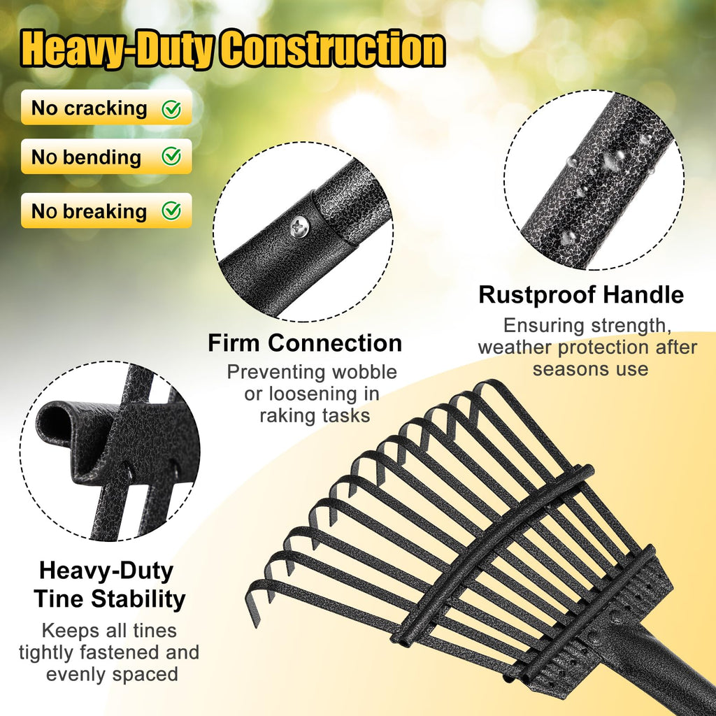 Garden Leaves Rake - 73 Inch Heavy Duty Small Shrub Rake - 11 Metal Tines - 8.5 inch Wide, Adjustable Handle,Garden Leaf Rakes for Collecting Debris Among Flower Beds, Delicate Plants, Lawns ,Yard