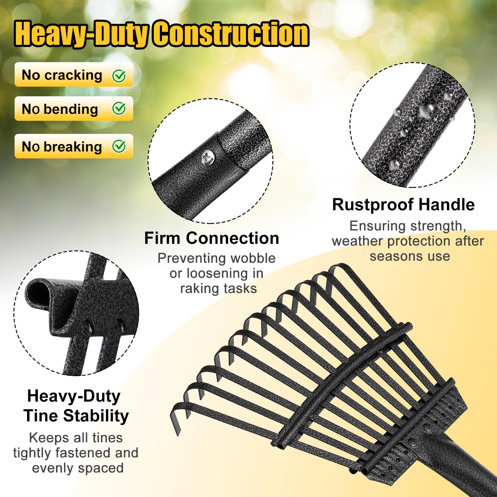 Garden Leaves Rake - 73 Inch Heavy Duty Small Shrub Rake - 11 Metal Tines - 8.5 inch Wide, Adjustable Handle,Garden Leaf Rakes for Collecting Debris Among Flower Beds, Delicate Plants, Lawns ,Yard