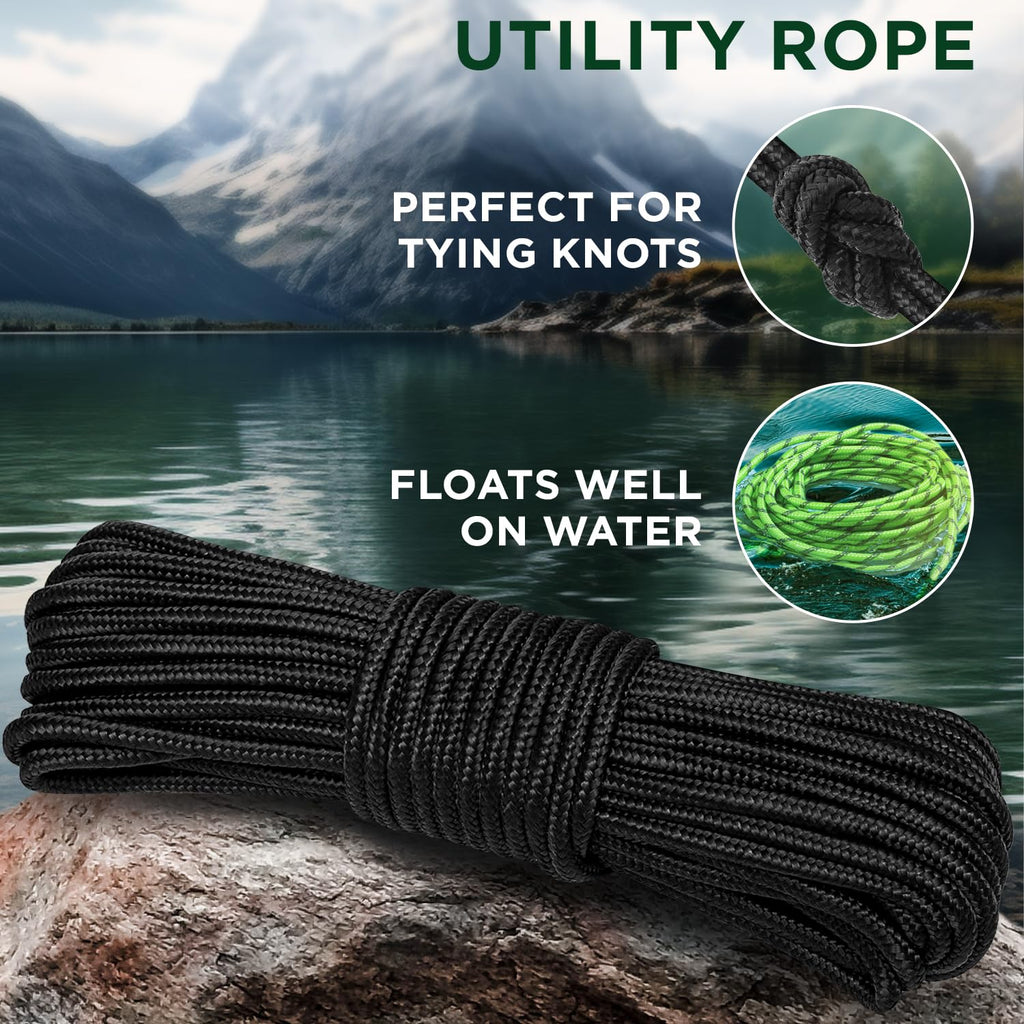 TECEUM Rope – 90 Feet x 3/8 Inch (10mm) – Black – Strong All-Purpose Utility Rope – Camping, Crafting, Flag Pole, Indoor & Outdoor – Polypropylene Nylon Poly Lightweight Diamond Braided Cord