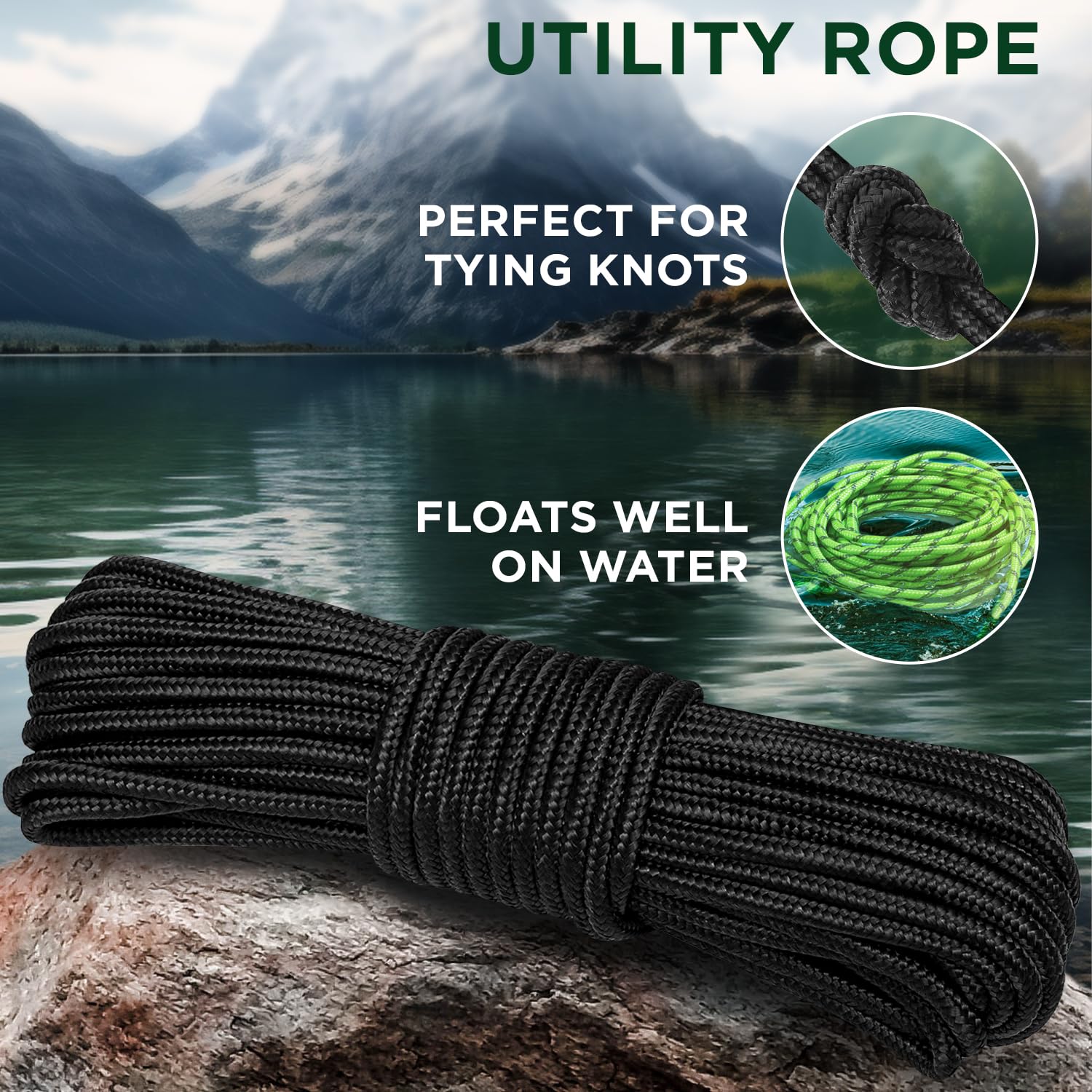 TECEUM Rope – 90 Feet x 3/8 Inch (10mm) – Black – Strong All-Purpose Utility Rope – Camping, Crafting, Flag Pole, Indoor & Outdoor – Polypropylene Nylon Poly Lightweight Diamond Braided Cord