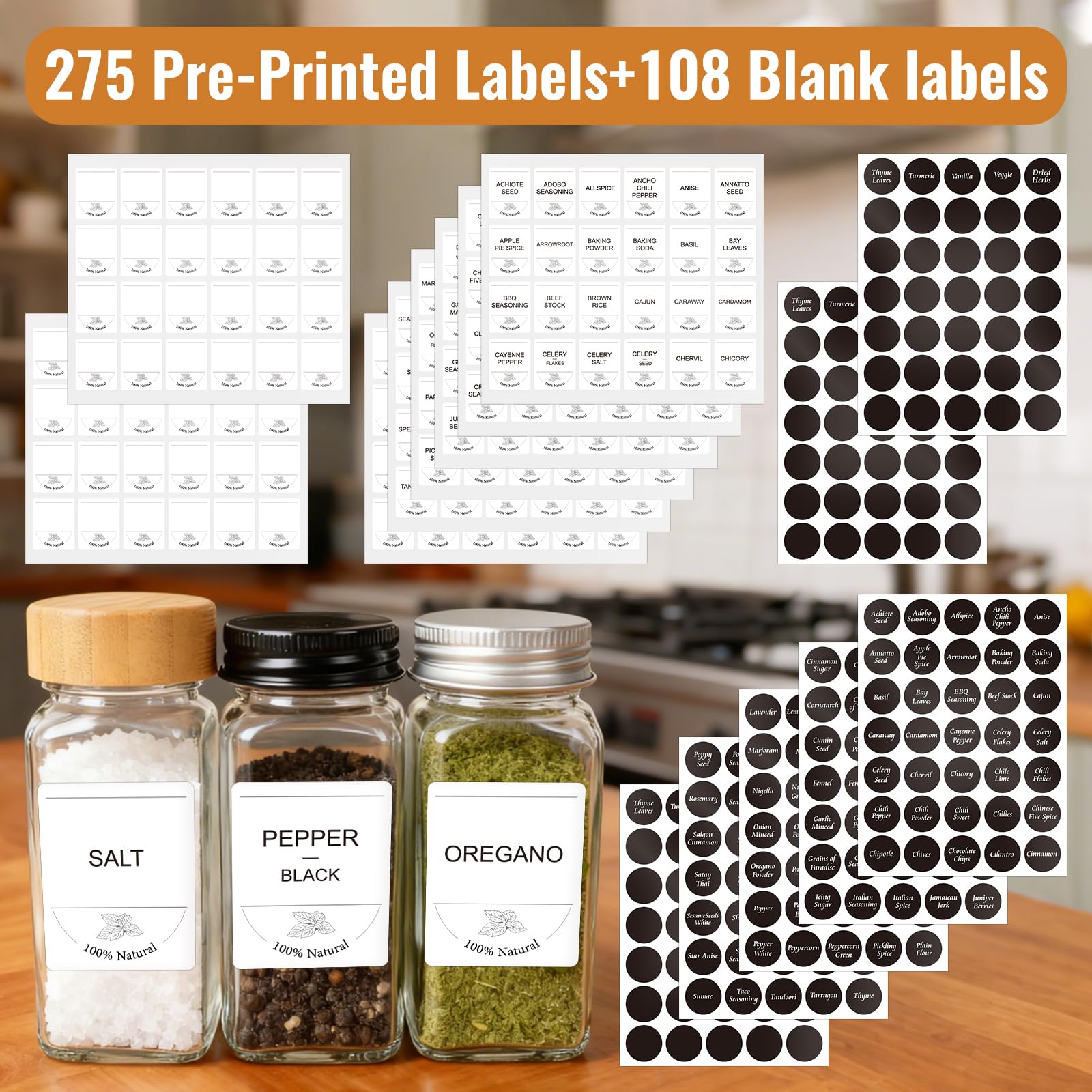 4oz Glass Spice Jars with Bamboo Lids, 24 Pack Empty Square Spice Bottles with Grinder, Stickers and Brush for Cabinet, Drawer, Rack, Pantry, Kitchen and Seasoning Organizer