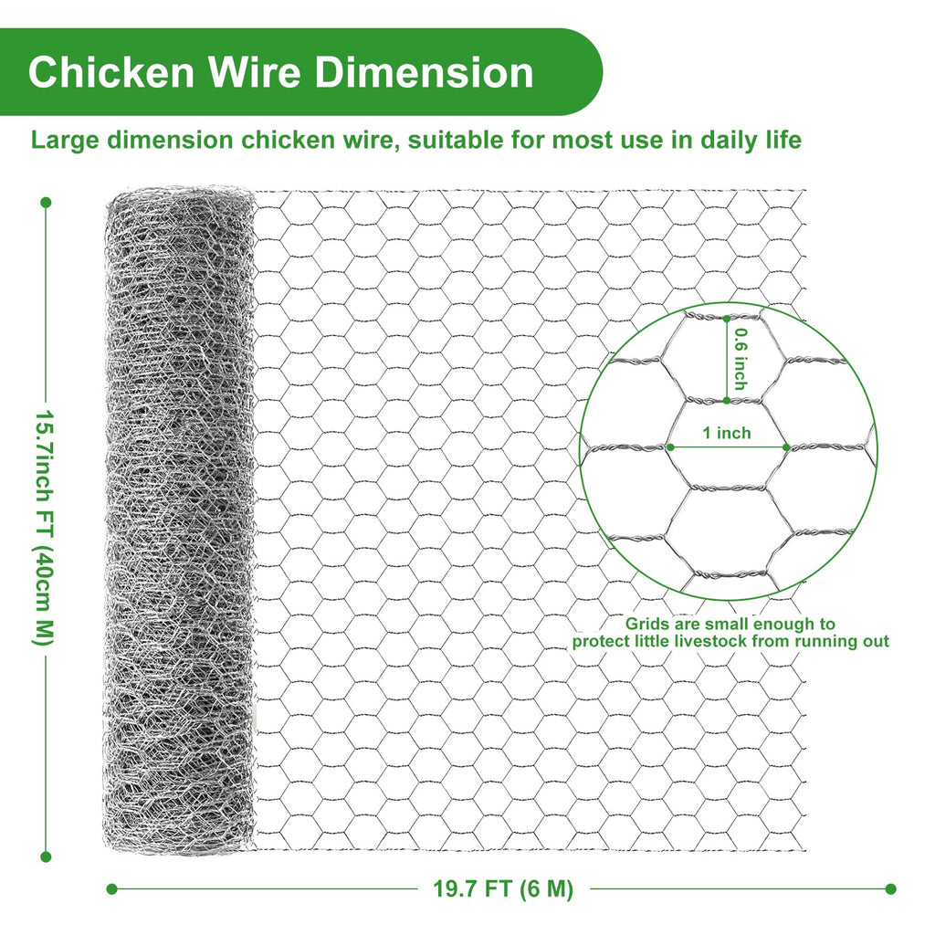 16inX20ft Chicken Wire Fencing Mesh, Heavy Duty Metal Chicken Wire Fence with 50 Ties for Crafts Poultry Gardening Hexagonal Galvanized Hardware Cloth Netting for Chicken Coop Barrier Rabbit Cage