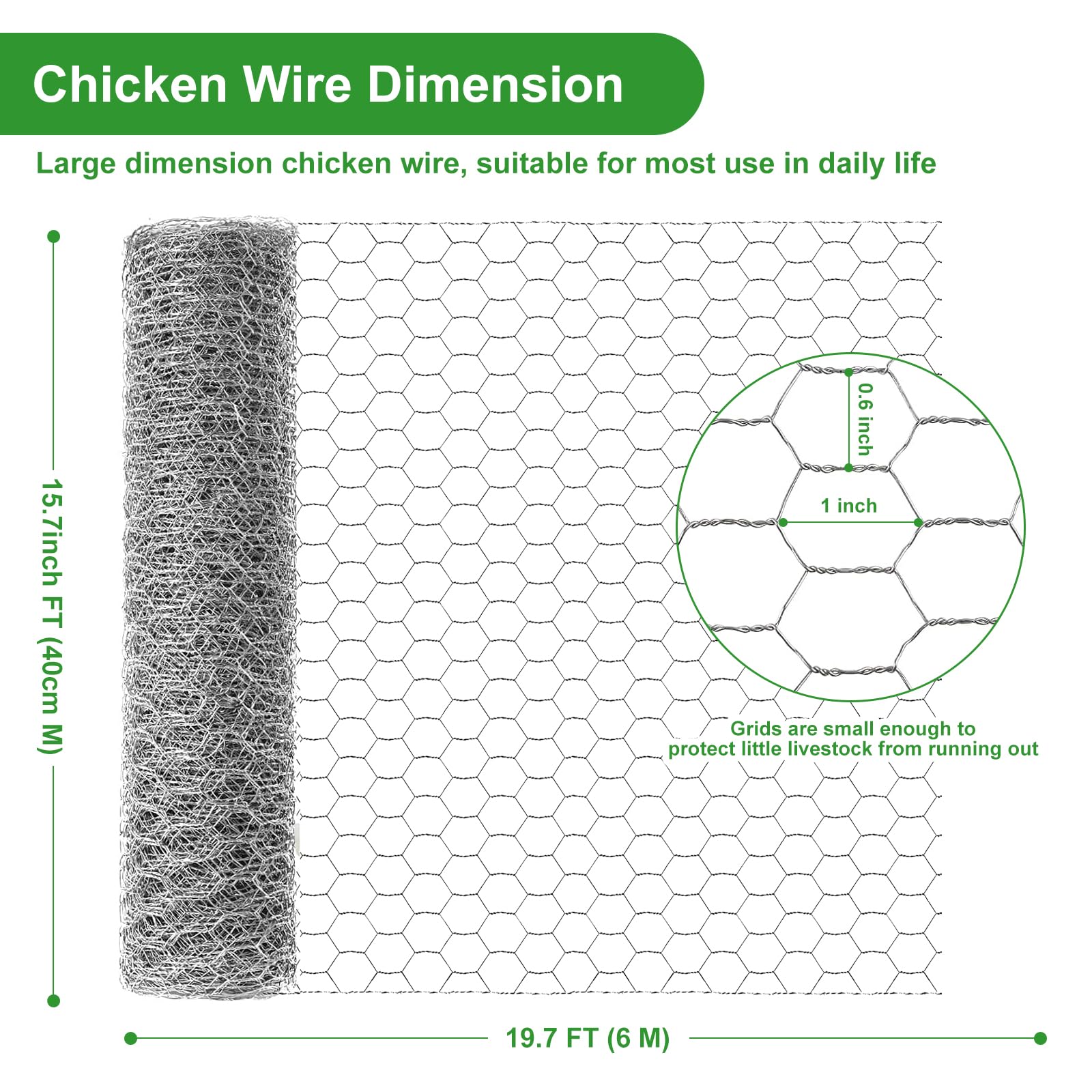 16inX20ft Chicken Wire Fencing Mesh, Heavy Duty Metal Chicken Wire Fence with 50 Ties for Crafts Poultry Gardening Hexagonal Galvanized Hardware Cloth Netting for Chicken Coop Barrier Rabbit Cage