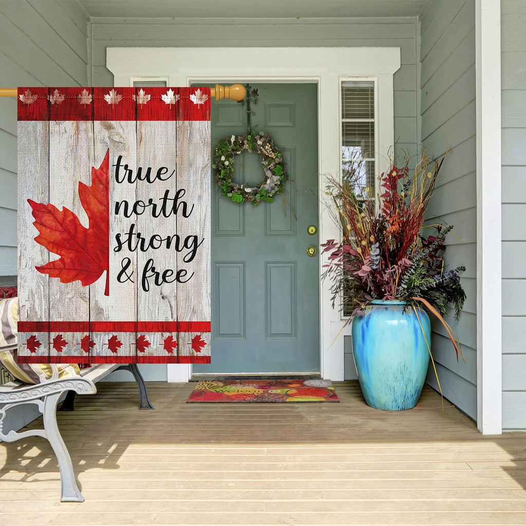 Louise Maelys Canada Day Garden Flags Maple Leaf True North Strong Free Flag 28 x 40 Inch Double Sided Burlap Flags 1st July Patriotic Canada Outdoor Decorations(Only Flags)