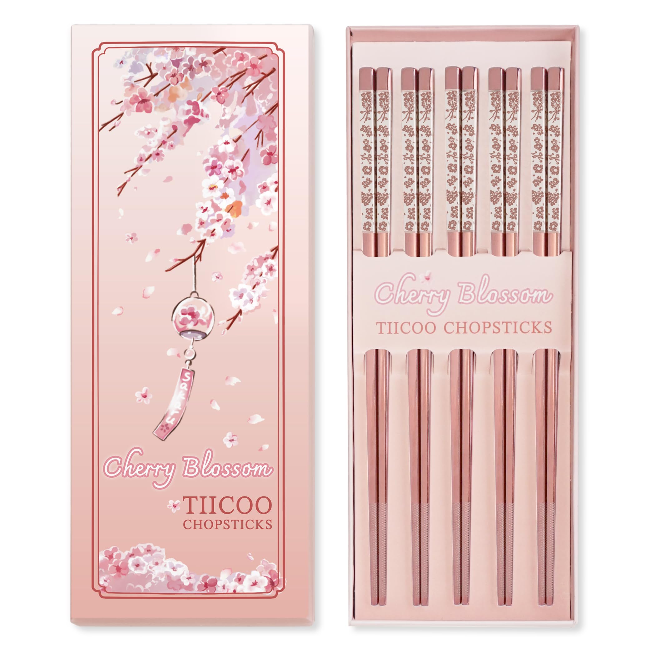 Chopsticks Reusable 18/8 Stainless Steel Chopsticks Pink Sakura Laser Engraved Metal Chop Sticks Non-Slip Dishwasher Safe Japanese Korean Chopstick for Cooking Eating 5 Pairs Premium Gift Set