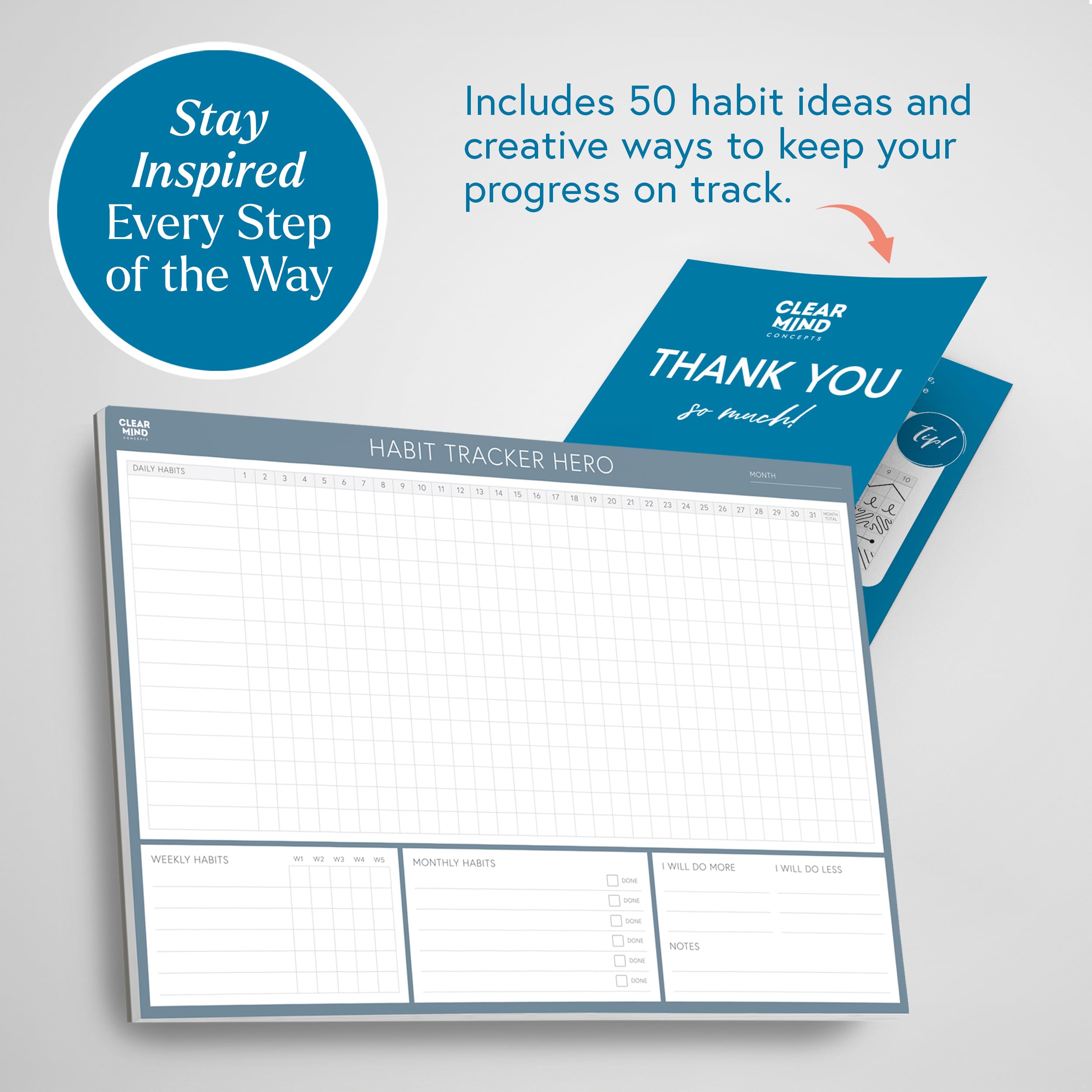 Habit Tracker Hero Desk Pad by Clear Mind Concepts® - A4 Landscape Habit Planner, 24 Undated Monthly Tear-Off Sheets, 160gsm No-Bleed Paper - Track Daily, Weekly & Monthly Routines
