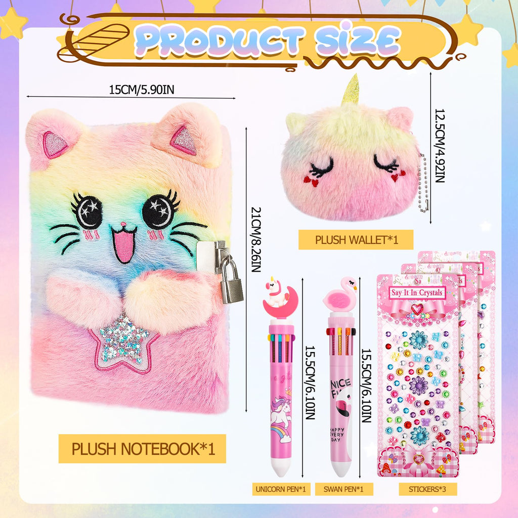 Cat Diary with Lock and Key,Tie-Dye Plush Notebook,Secret Diary with Coin Purse 2 Ballpoint 3 Crystal Sticker,Stationary Gift for Girls Age 4-12 Multicolored