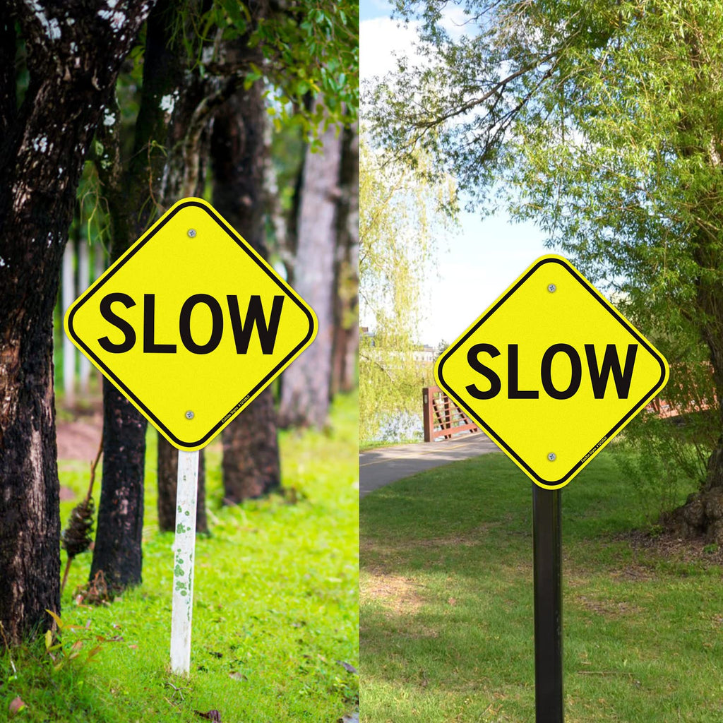 Faittoo Slow Sign, 2-Pack 12 x 12 Inch Reflective Rust Free Aluminum Traffic Signs, UV Protected, Weather/Fade Resistant, Easy to Install and Read, Indoor/ Outdoors Use