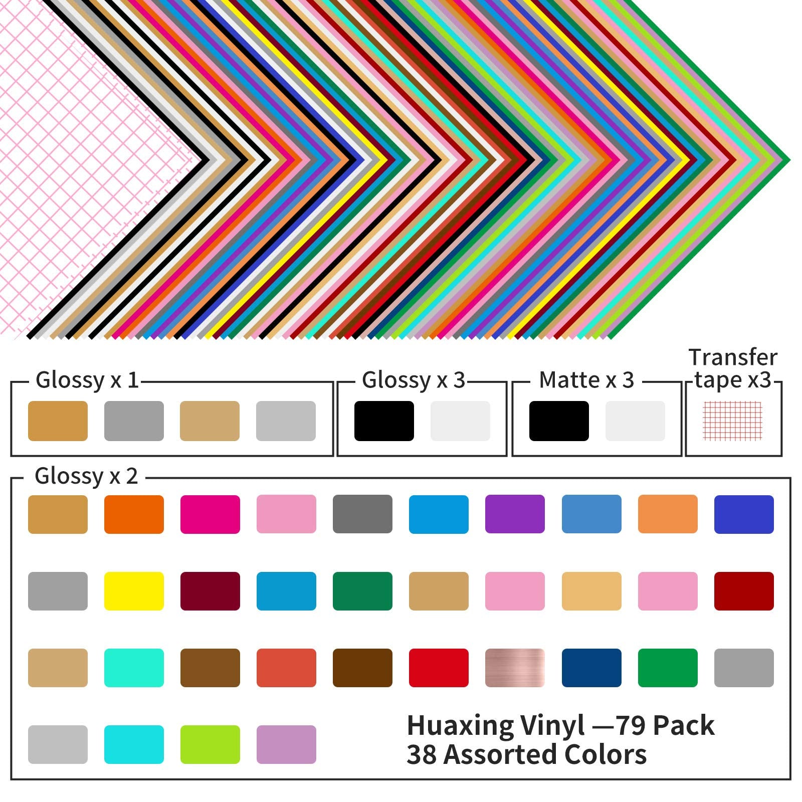 Huaxing Permanent Self Adhesive Vinyl Sheets (Pack of 79, 12 inchesx12 inches) 38 Assorted Colors Premium Adhesive Craft Outdoor Vinyl for Decor Sticker