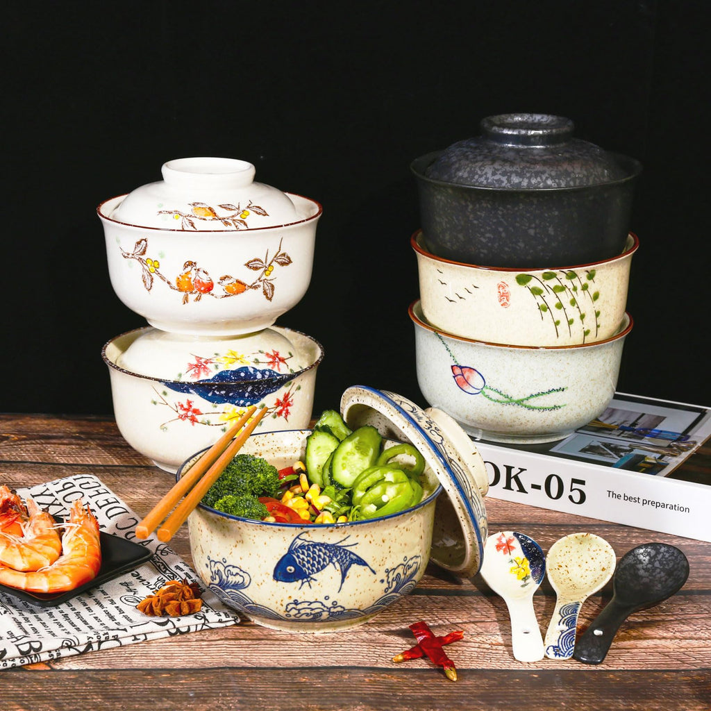 800ml Ceramic Ramen Bowl Set with Lid, Spoon and Chopsticks, Large Soup Bowls Japanese Vintage Instant Noodle Bowl Asian Tableware (Fish * 1)