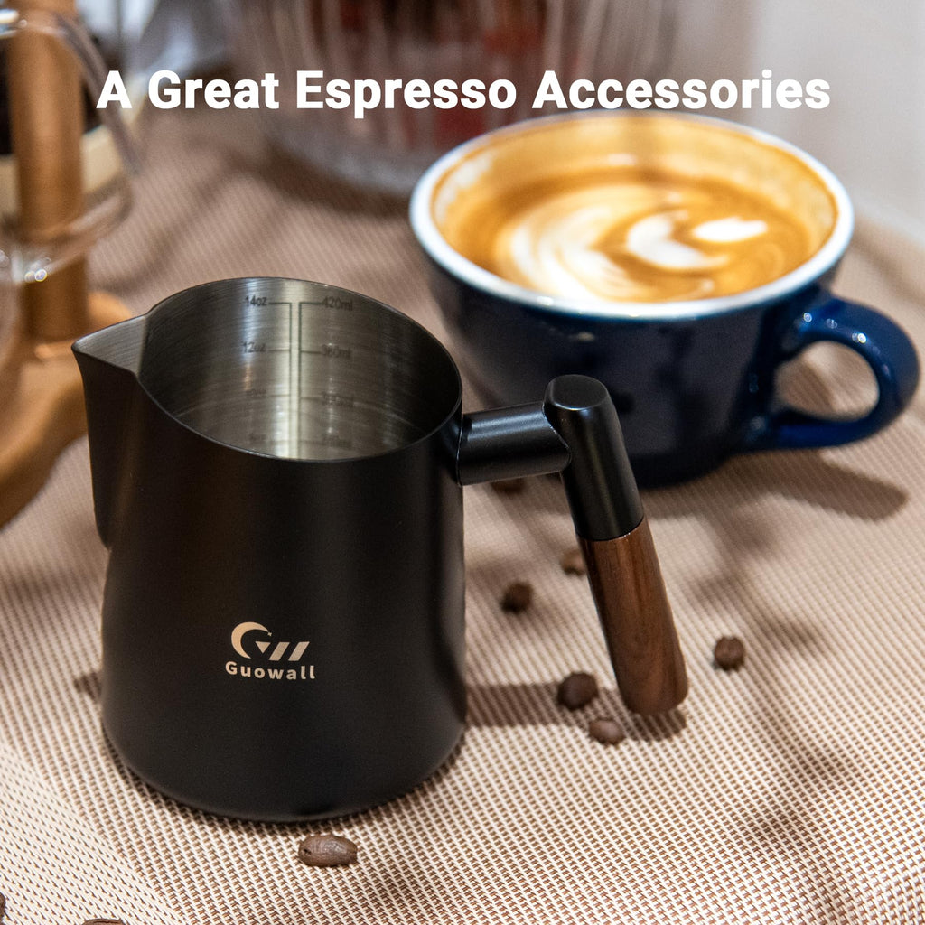 Guowall Milk Frothing Pitcher Stainless Steel Espresso Steaming Pitcher for Cappuccino Latte Art 14 oz (420 ml) Milk Jug Coffee Frother Cup with Wooden Handle - Black