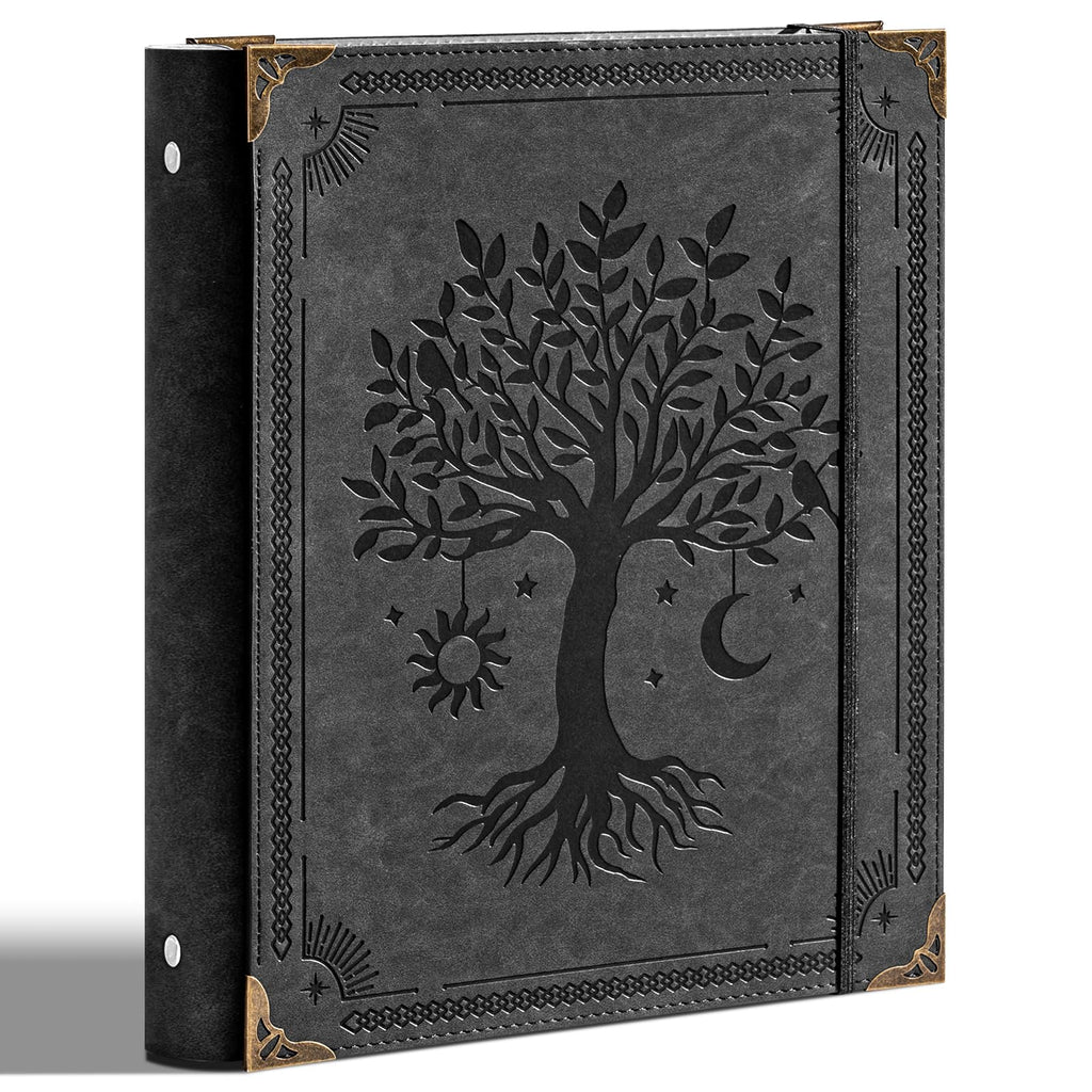 Ovesmusl Leather 3 Ring Binder 1 Inch Round Ring Binder Holds 200 Sheets 8.5"x11" Letter Size Paper, Wedding Family History Notebook Cover Loose Leaf Organizer, Black