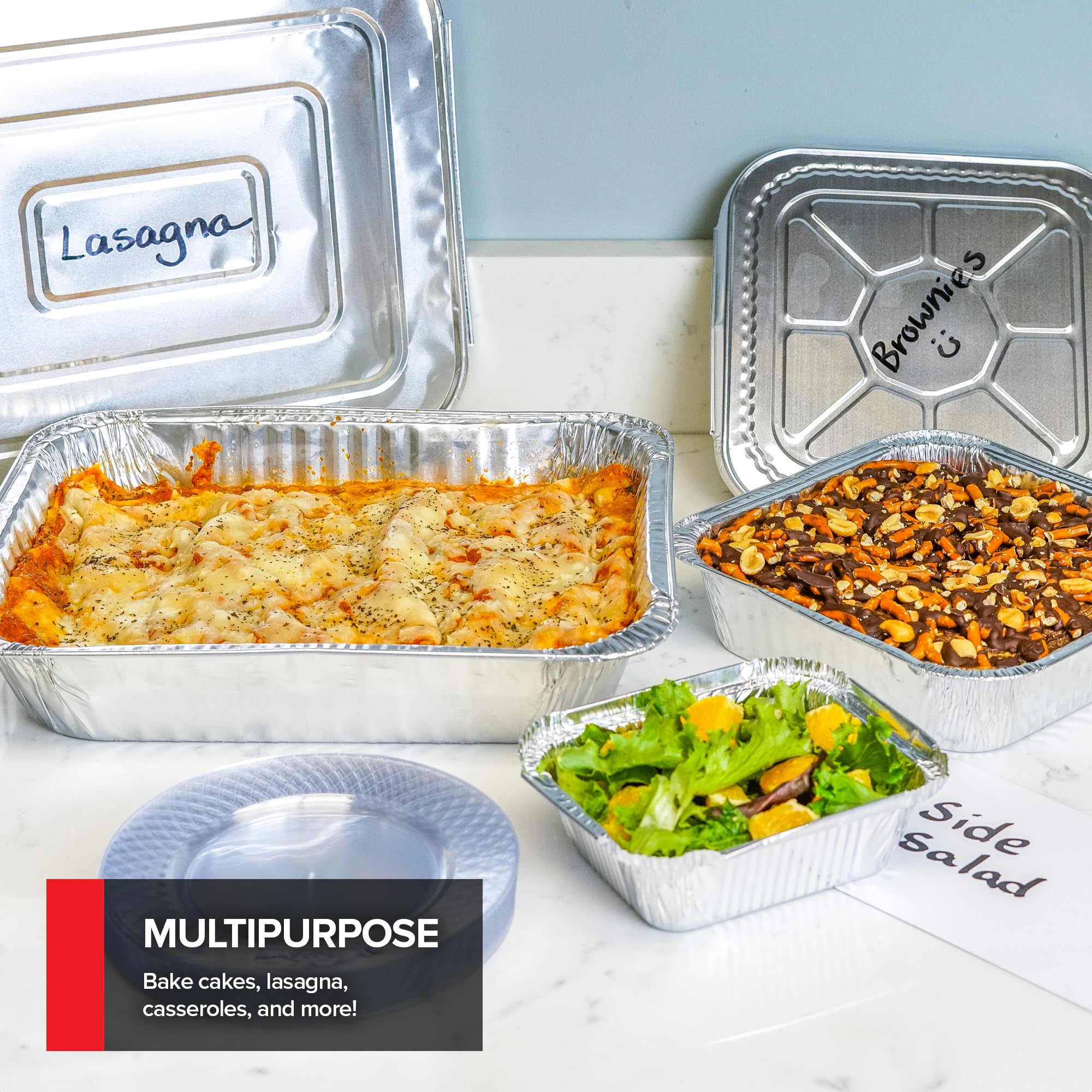 Stock Your Home Disposable Foil Pans with Lids (Set of 40) - Heavy Duty Aluminum Trays (20) 9x13, (10) 8x8, (10) 1-Lb Baking Tins with Covers for Cooking, Heating, Storing, Holiday Dinner Meals
