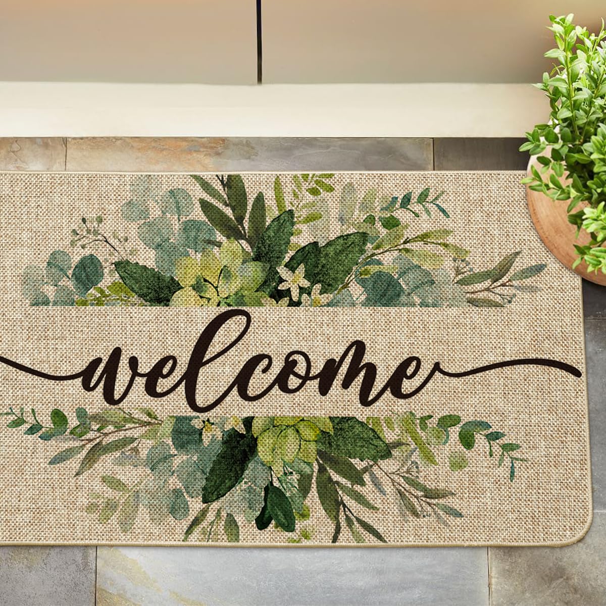 Artoid Mode Eucalyptus Floral Leaves Welcome Spring Doormat, Summer Decor Low-Profile Switch Rug Door Mat Floor Mat for Indoor Outdoor 17x29 Inch
