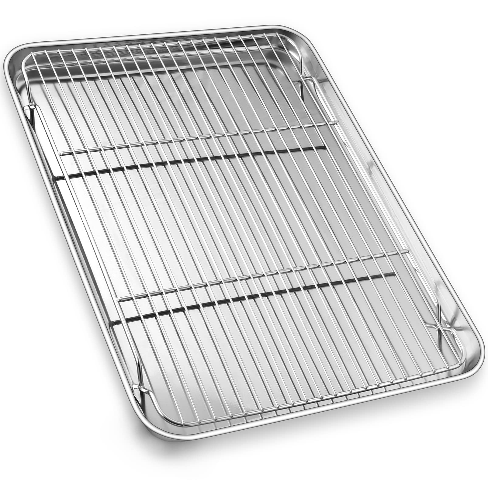 17.3 Inch Large Baking Sheet and Rack Set, P&P CHEF Half Stainless Steel Cookie Sheet Baking Pan with Cooling Rack for Cooking/Roasting, Non-Toxic & Bake Evenly, Oven & Dishwasher Safe