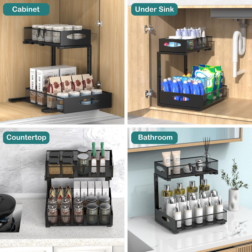 Housolution 1 Pack Large Under Sink Organizer, 2 Tier Metal Pull Out Under Sink Storage with Sliding Mesh Drawers, Height Adjustable Slide Out Under Cabinet Organizer for Kitchen Bathroom, Black