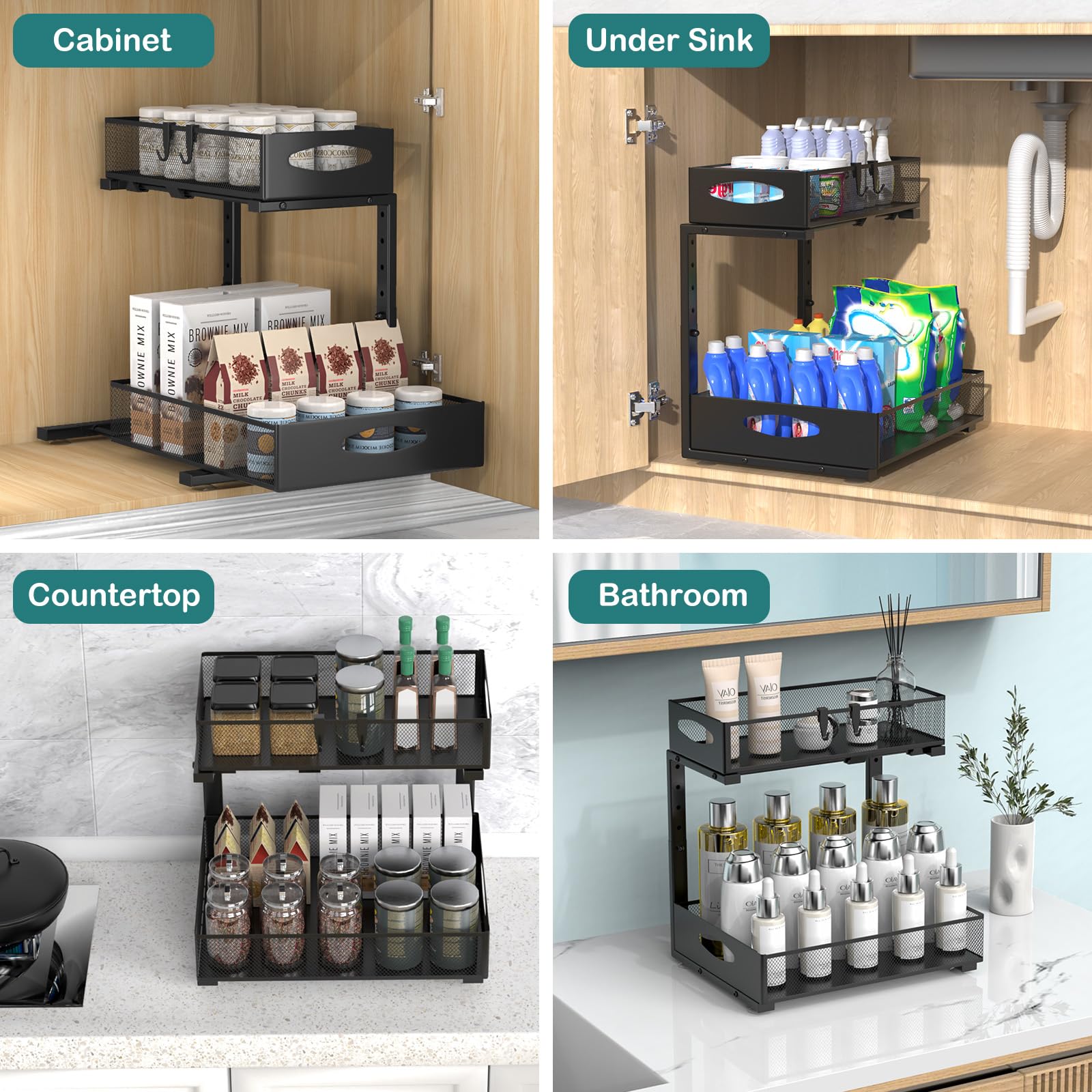 Housolution 1 Pack Large Under Sink Organizer, 2 Tier Metal Pull Out Under Sink Storage with Sliding Mesh Drawers, Height Adjustable Slide Out Under Cabinet Organizer for Kitchen Bathroom, Black