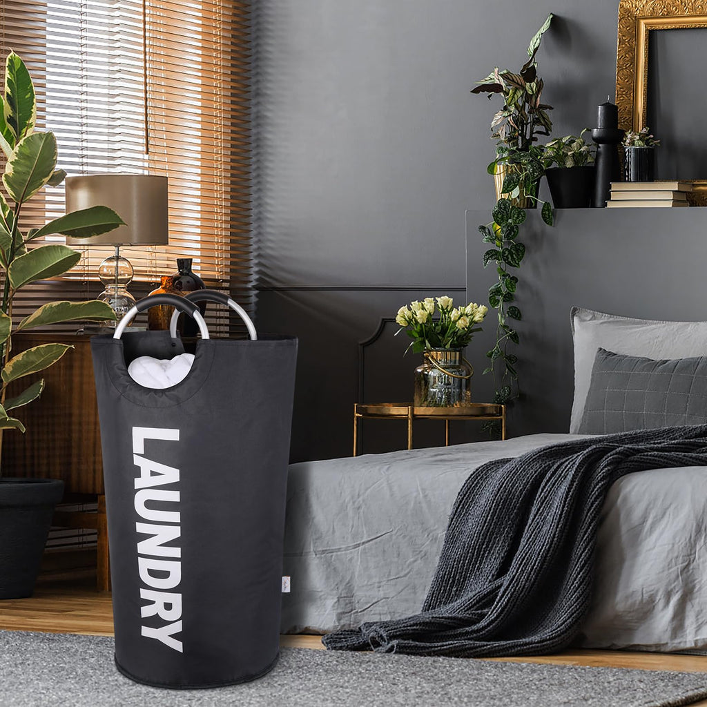 SweetMemo Large Laundry Hamper Collapsible 95L，Tall Laundry Basket with Handles, Freestanding Clothes Hamper Bag – Dirty Fabric Laundry Bin for College Dorm Laundry Room, Sturdy, Lightweight – (Black)
