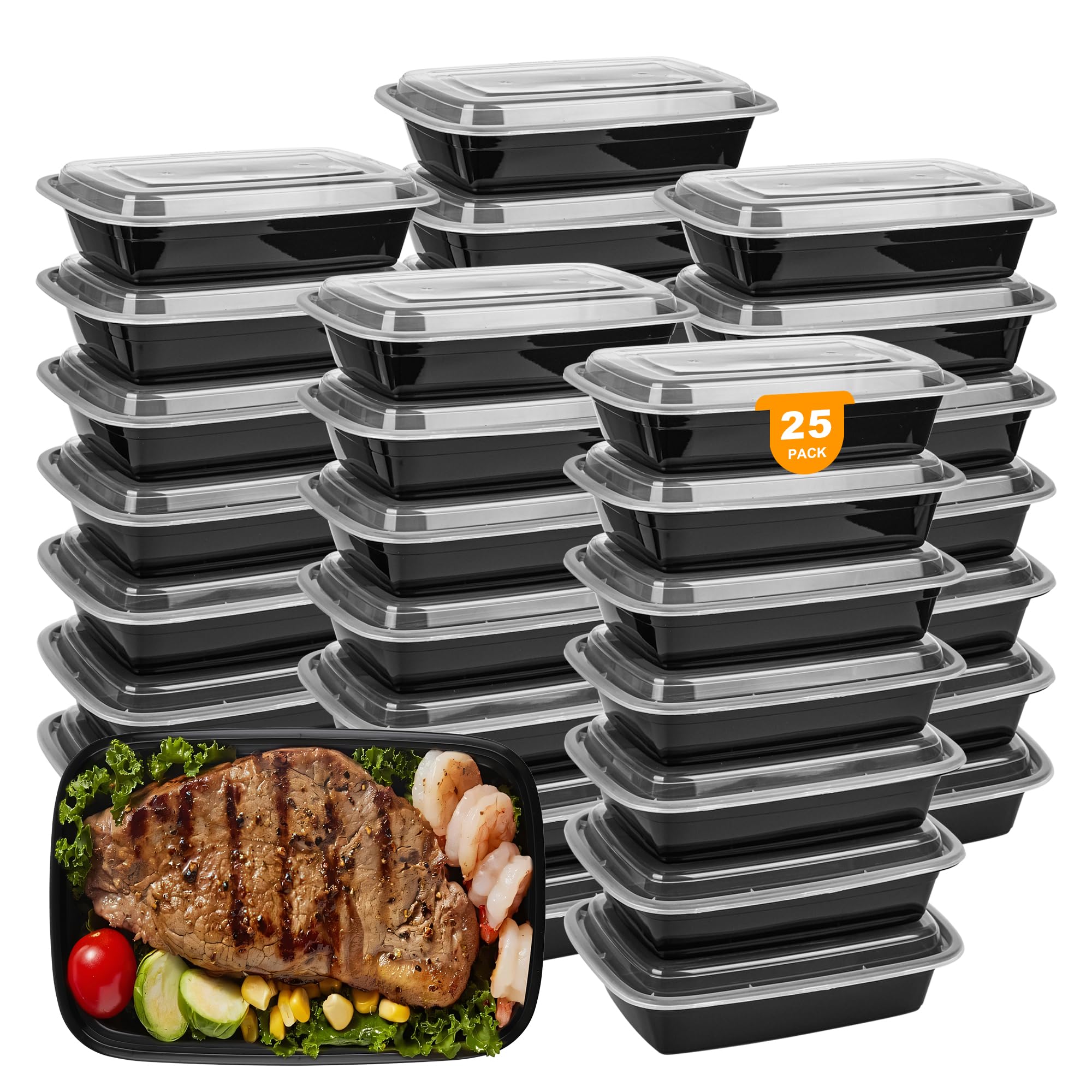 28oz Plastic Meal Prep Containers with Lids, 25 Pack Leakproof Food Prep Containers, Stackable BPA-Free Take Out Food Containers for Restaurant, Kitchen, Microwave/Dishwasher Safe