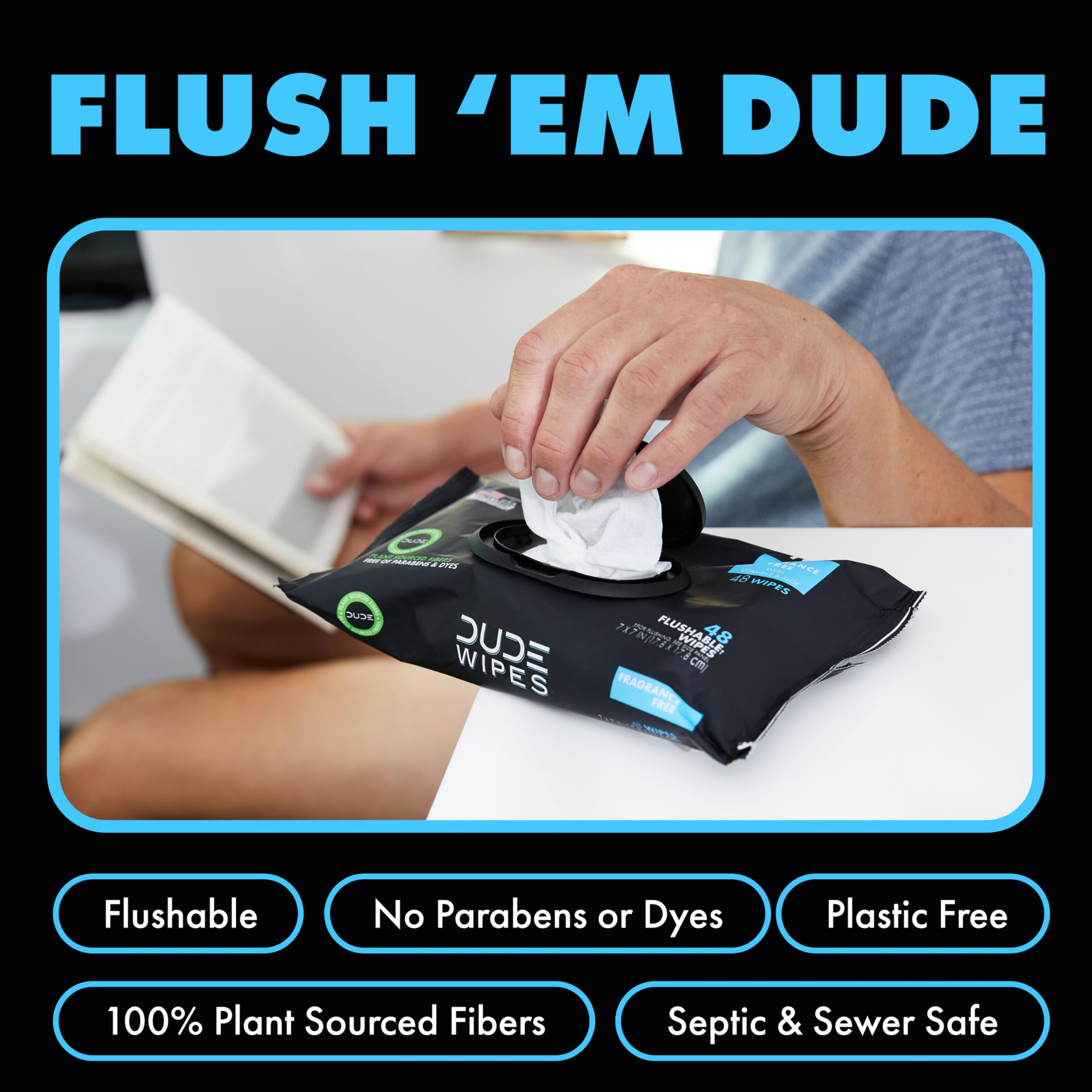 DUDE Wipes Flushable Wet Wipes Dispenser (3 Packs 48 Wipes), Unscented Wet Wipes with Vitamin-E & Aloe for at-Home Use, Septic and Sewer Safe