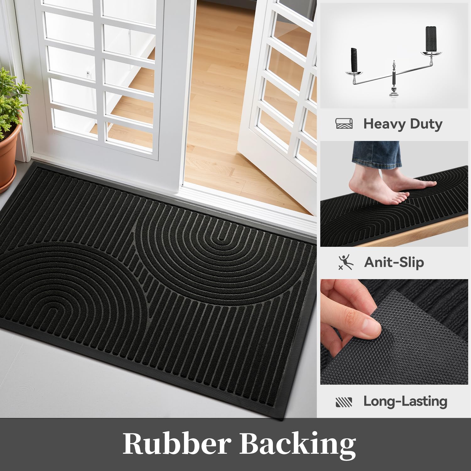 Front Door Mat Outdoor Mat Indoor Doormat for Entrance Mat Entryway Rug Heavy Duty Non Slip Rubber Absorbent Entry Rug Dirt Scraping Shoe Mat 60x90cm Black