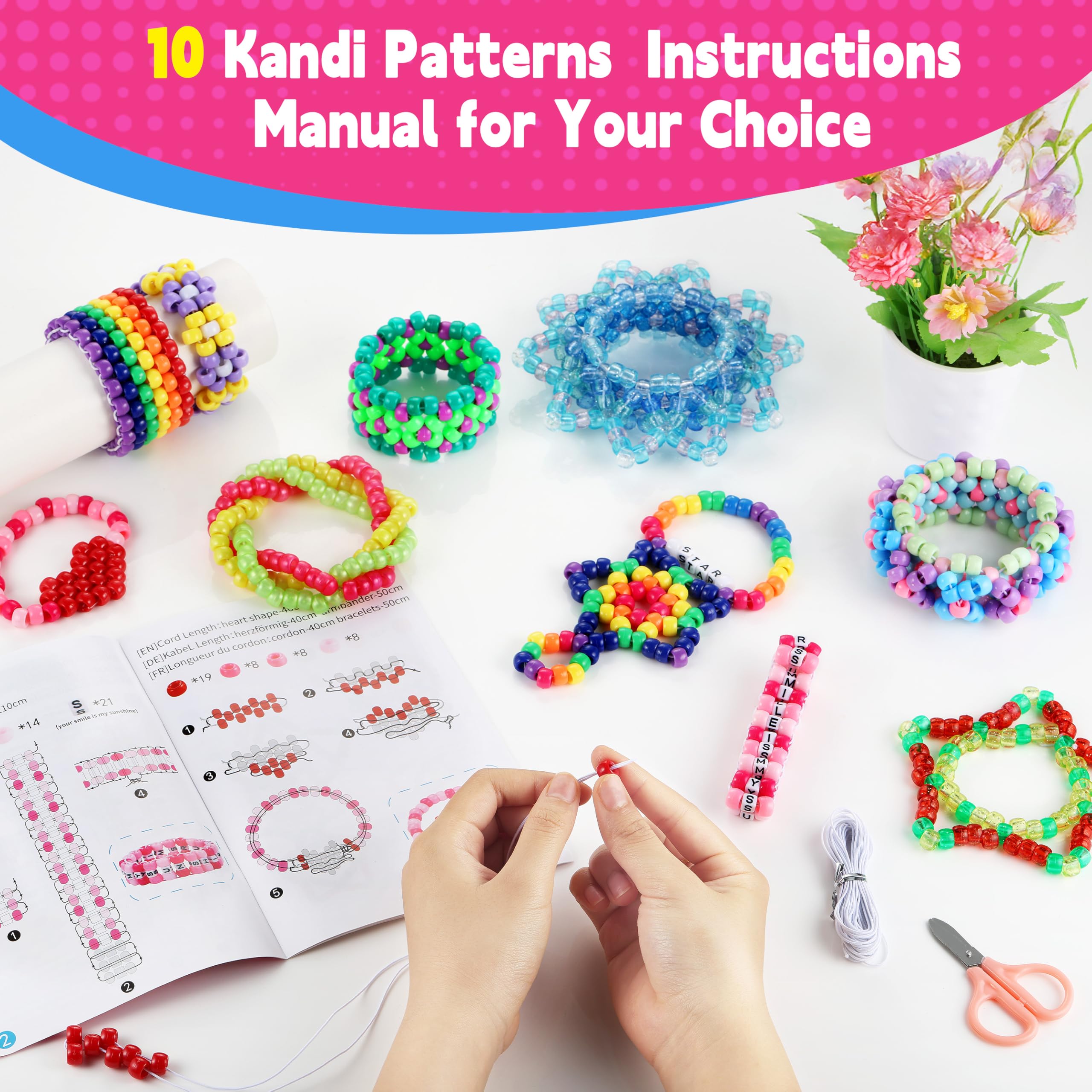 Funtopia 4026pcs Pony Beads for Bracelet Making Kit, 72 Colors Multi-types Kandi Beads, Pony Bead Bulk with Letter Bead, 10 Kandi Cuff Designs, Rainbow Beads for Jewelry Making and DIY Crafts