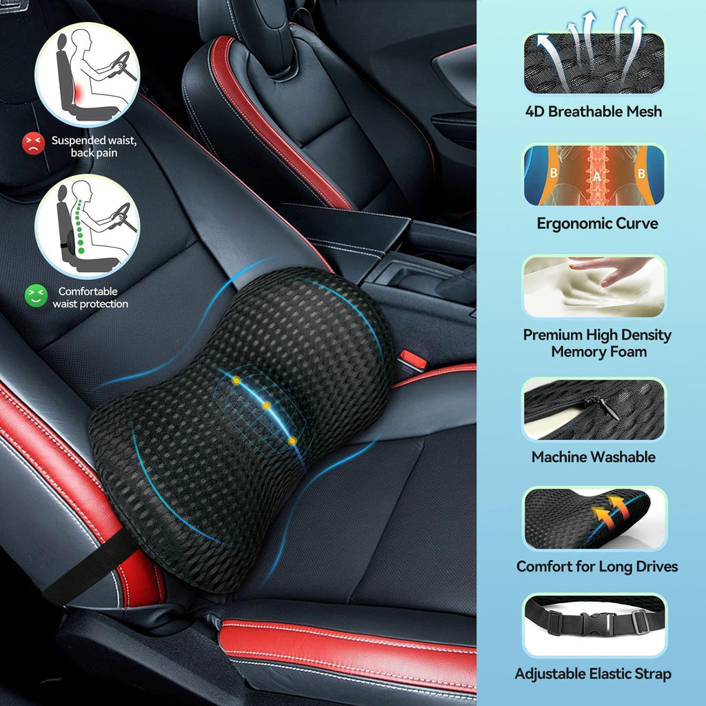 AsBellt Lumbar Support Memory Foam Pillow with Adjustable Elastic Strap, Improves Posture, Promotes Back Pain Relief, Great for Car Seat, Office Chair, Back Support, Recliner and Bed
