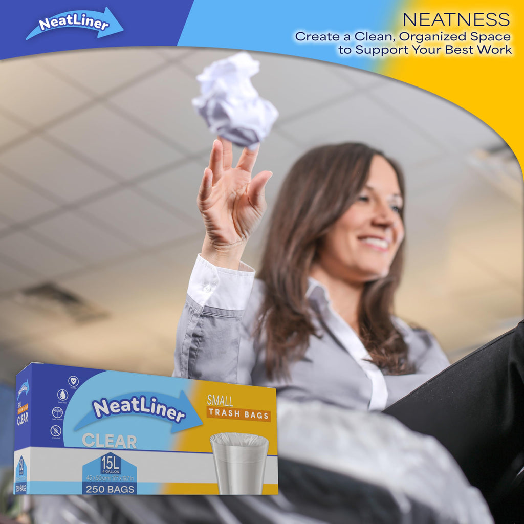 NeatLiner 250 Count 15L Clear Small Garbage Bags – 4 Gallon Trash Bags for Bathroom, Office, Bedroom, Pet Waste – Durable, Unscented, Leak-Resistant Liners