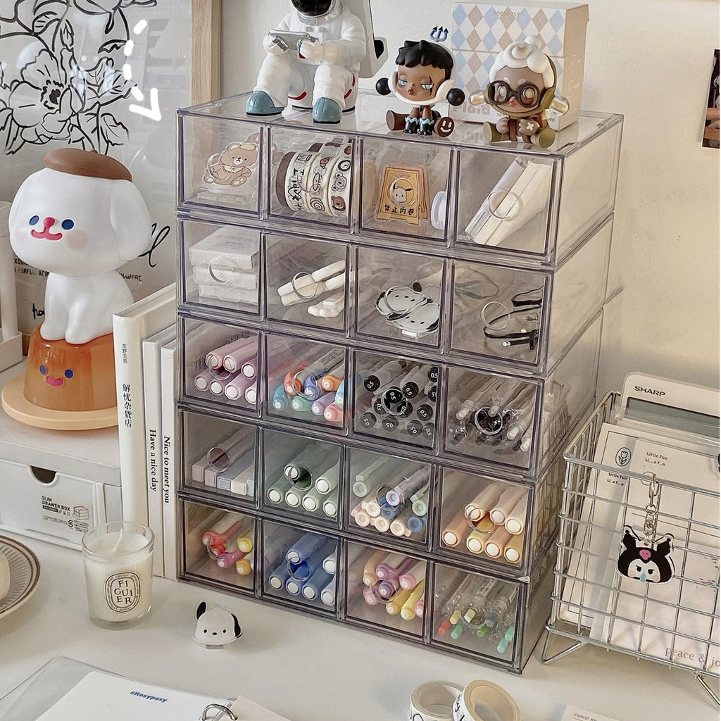 Mezchi 2 Pack Acrylic Storage Drawer Organizer, Dustproof Pen and Marker Storage, Clear Makeup Drawer Organizers with 8 Drawers for Art Crafts, Countertop