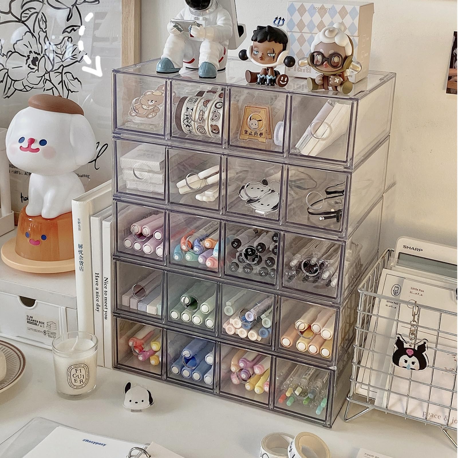 Mezchi 2 Pack Acrylic Storage Drawer Organizer, Dustproof Pen and Marker Storage, Clear Makeup Drawer Organizers with 8 Drawers for Art Crafts, Countertop