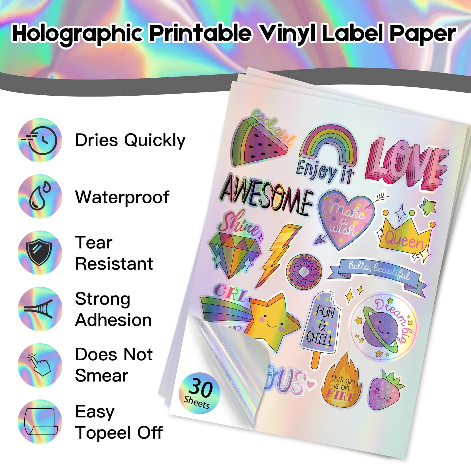 Holographic Printable Vinyl Sticker Paper for Inkjet Printer - 30 Sheets - 8.5" x 11" - Waterproof Labels Paper, Dries Quickly,Vivid Colors,Tear Resistant,DIY Sticker Paper for Drawing