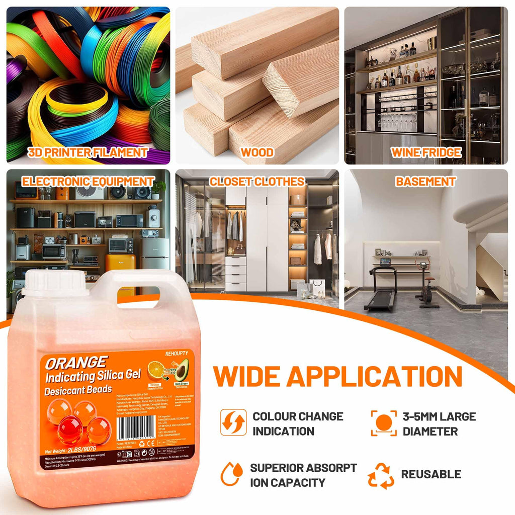 REHOUPTY Orange Silica Desiccant Beads 2LBS, Reusable Indicating Silica Gel Beads, 3-5mm Desiccant Dehumidifier Beads for 3D Filament, Electronic Devices, Camera, Jewelry (10 Organza Bags Included)