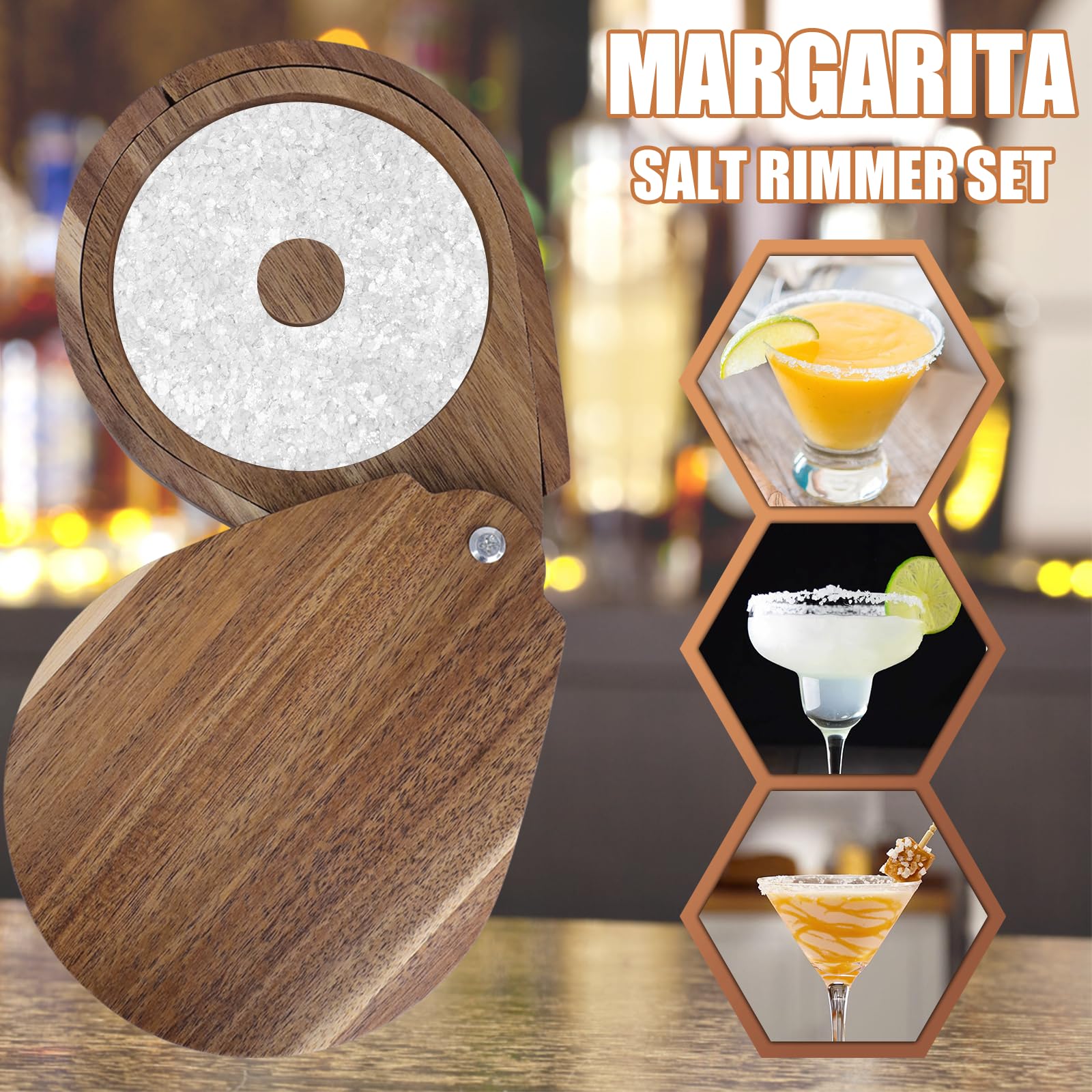 Margarita Salt Rimmer Bamboo, 3 Tier Bar Glass Rimmer Tray with Lid and Sponge, Wooden Rotating Cocktail Salt Rimmers for Bloody Mary Manhattan, Bartender Tool for Home Bar