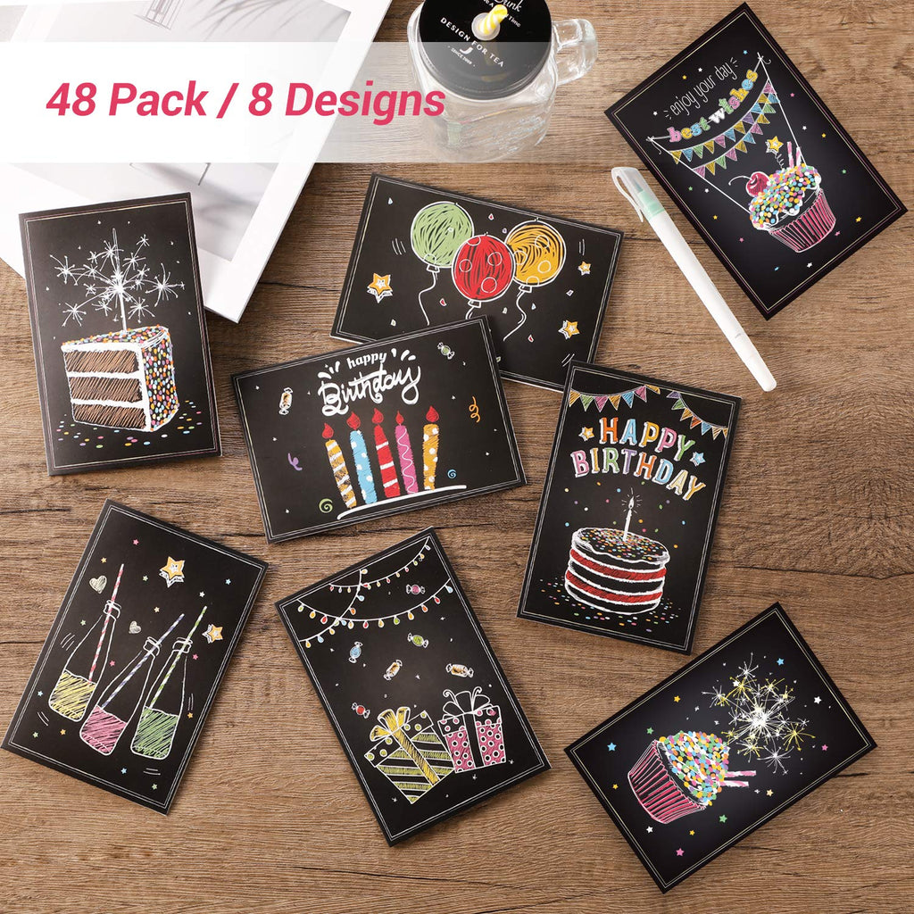 Ohuhu Assorted Happy Birthday Cards, 48 Pack Black Folded Cards for Kids’ Birthdays, Blank Inside Greeting Note Cards w/White Envelopes and Stickers, 4x6 inch, Birthday Party Invitation DIY Cardstock