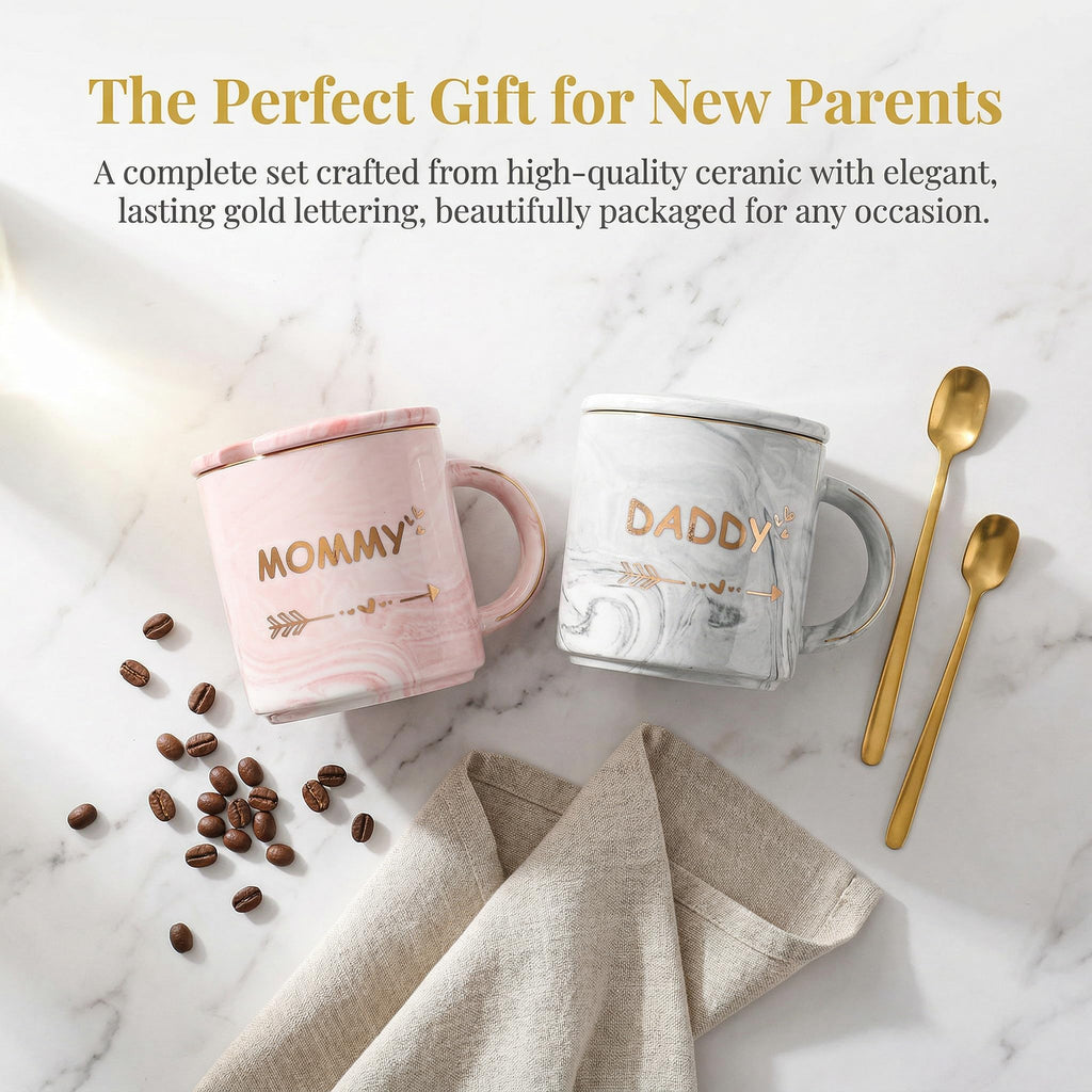 WUWEOT 2 Pack Dad and Mom Coffee Mug Set for Parents to be, New Mom and First Time Pregnancy Gifts for Christmas, Marble Ceramic Coffee Cup Set with Gift Box, Lid, Spoon (10OZ)