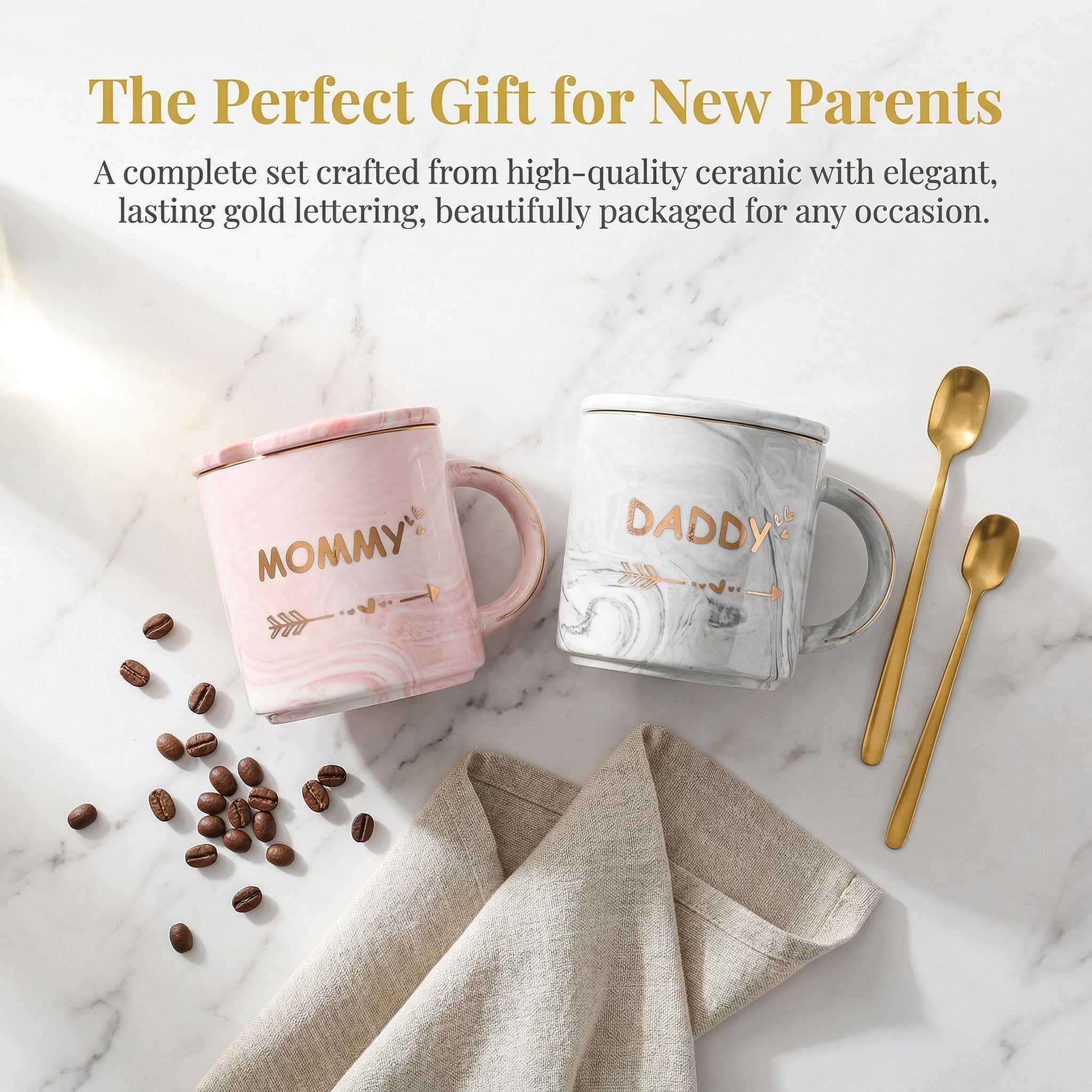 WUWEOT 2 Pack Dad and Mom Coffee Mug Set for Parents to be, New Mom and First Time Pregnancy Gifts for Christmas, Marble Ceramic Coffee Cup Set with Gift Box, Lid, Spoon (10OZ)