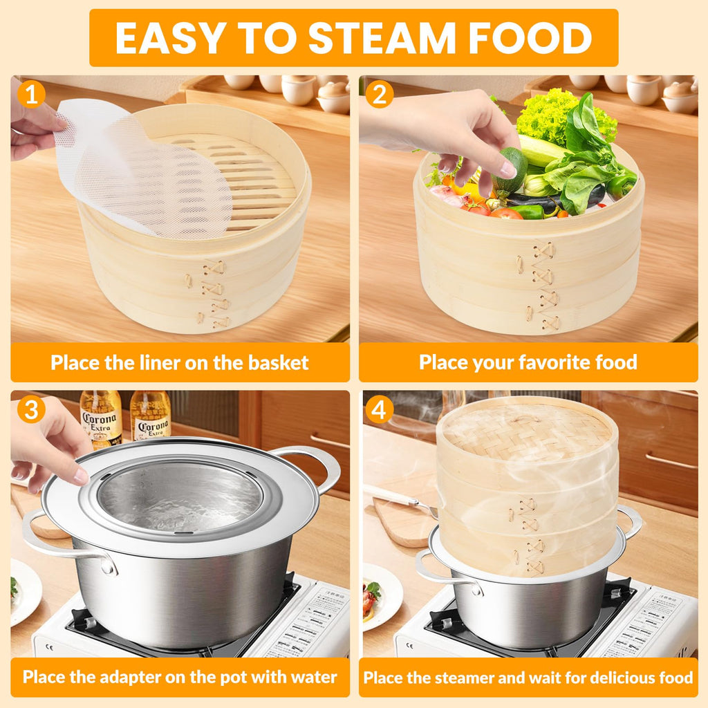 61 PCS 8 Inch 2 Tier Bamboo Steamer, Bamboo Steamer Basket, Dim Sum Basket, with 1Ring Adapter, 2Reusable Silicone Liner, 2 pairs of chopsticks, 2Sauce Dishes, 50Paper Liners, 1Ring
