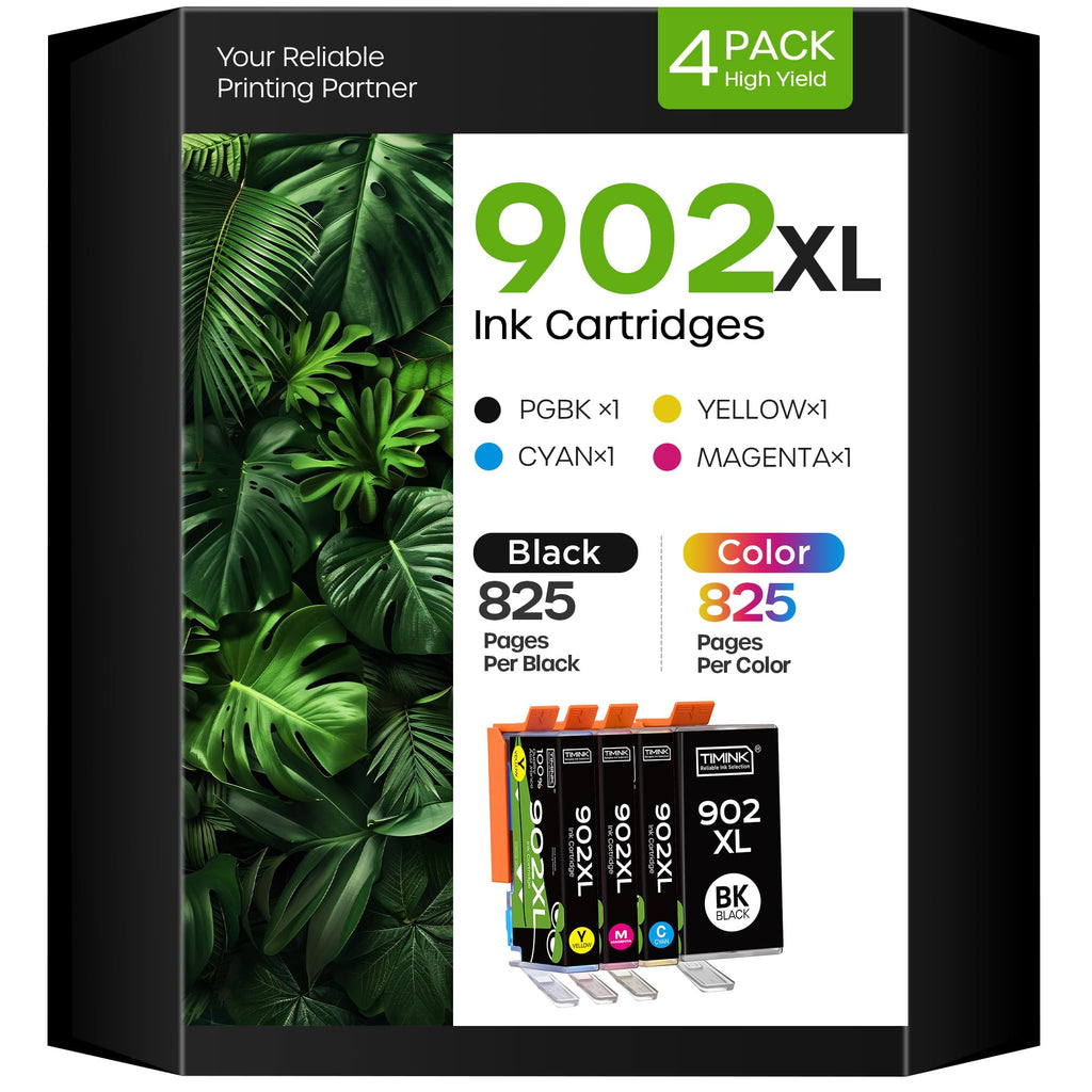 Timink Compatible with 902XL Compatible Ink Cartridge Replacement for 902 XL-4 Pack (Black, Cyan, Magenta, Yellow) Works with Officejet Pro 6968 6978 6975 Officejet 6954 6958 6962 Printers