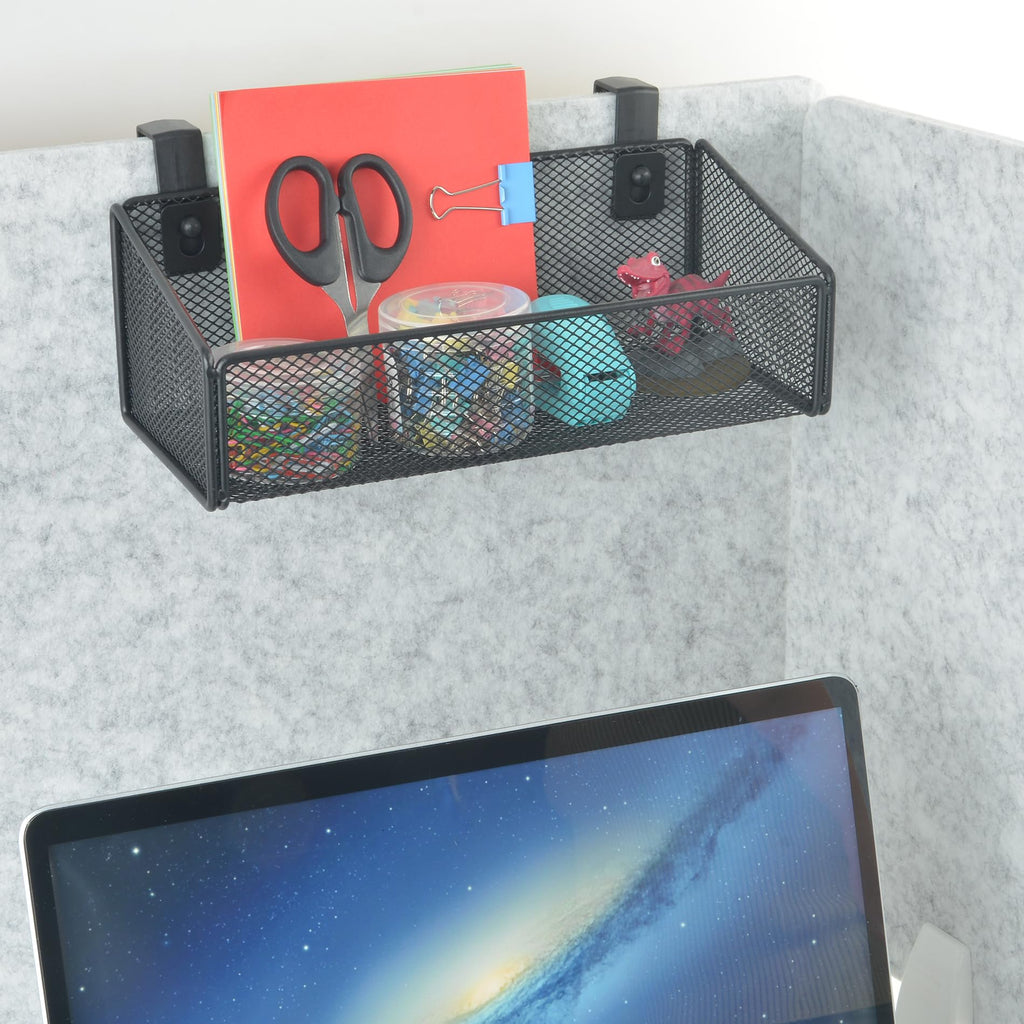 JDYOOMI Hanging Floating Shelves - Metal Mesh Cubicle Storage Organizer with 5 Plastic Hangers (Black)