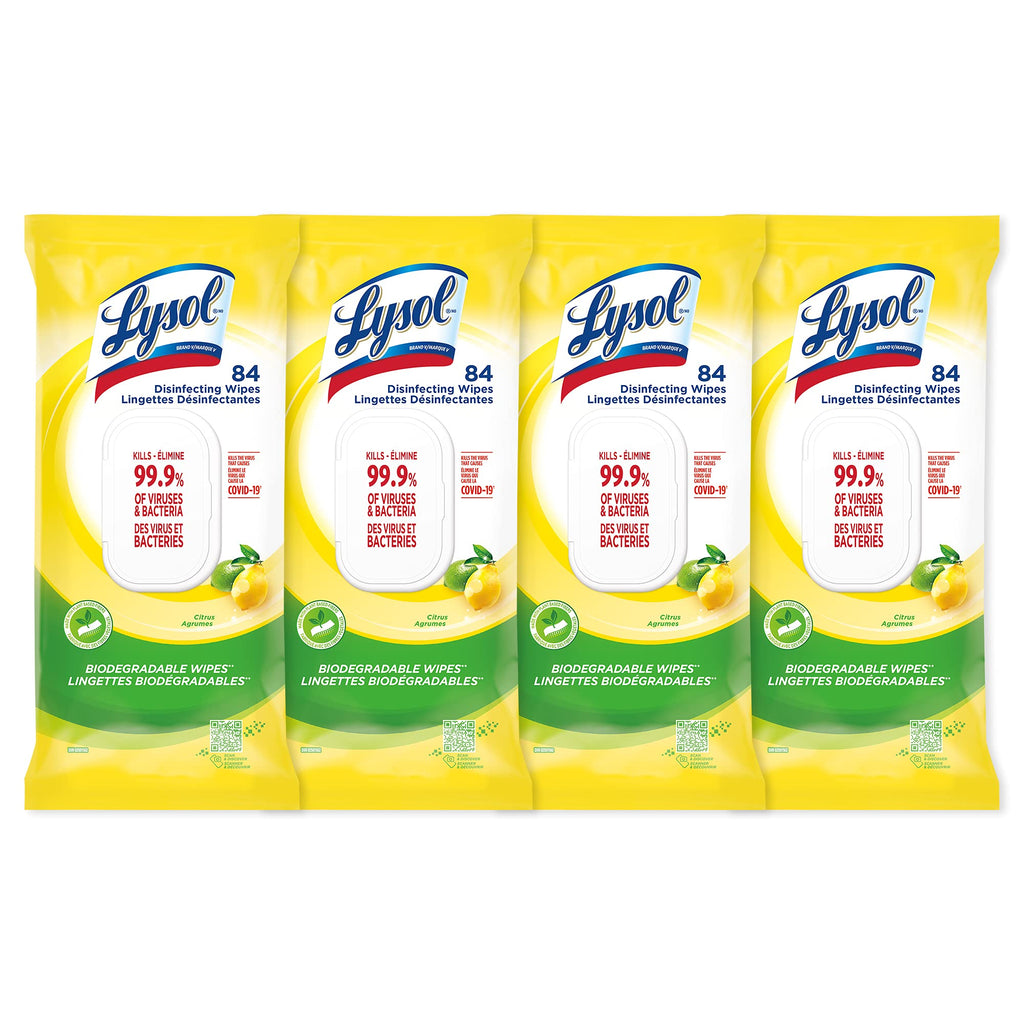 Lysol Disinfecting Wipes Flatpack, Citrus, Biodegradable Wipes, Kills 99.9% of Viruses & Bacteria, Bulk Pack of 4, 336 count (4 x 84 count)