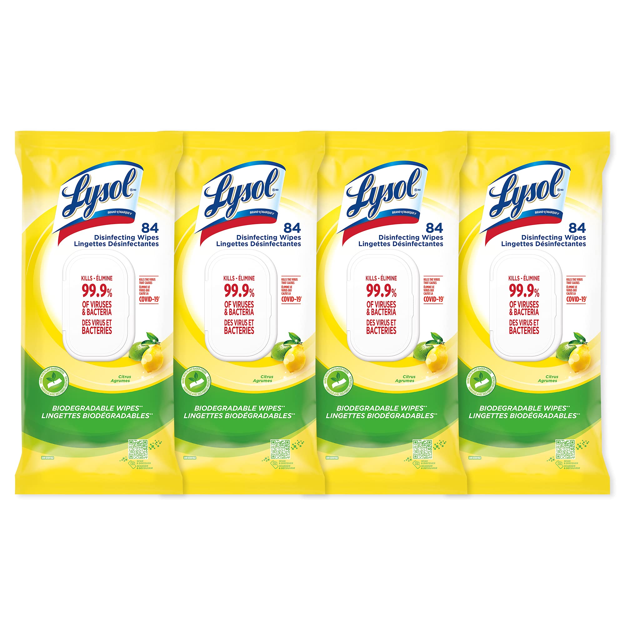 Lysol Disinfecting Wipes Flatpack, Citrus, Biodegradable Wipes, Kills 99.9% of Viruses & Bacteria, Bulk Pack of 4, 336 count (4 x 84 count)